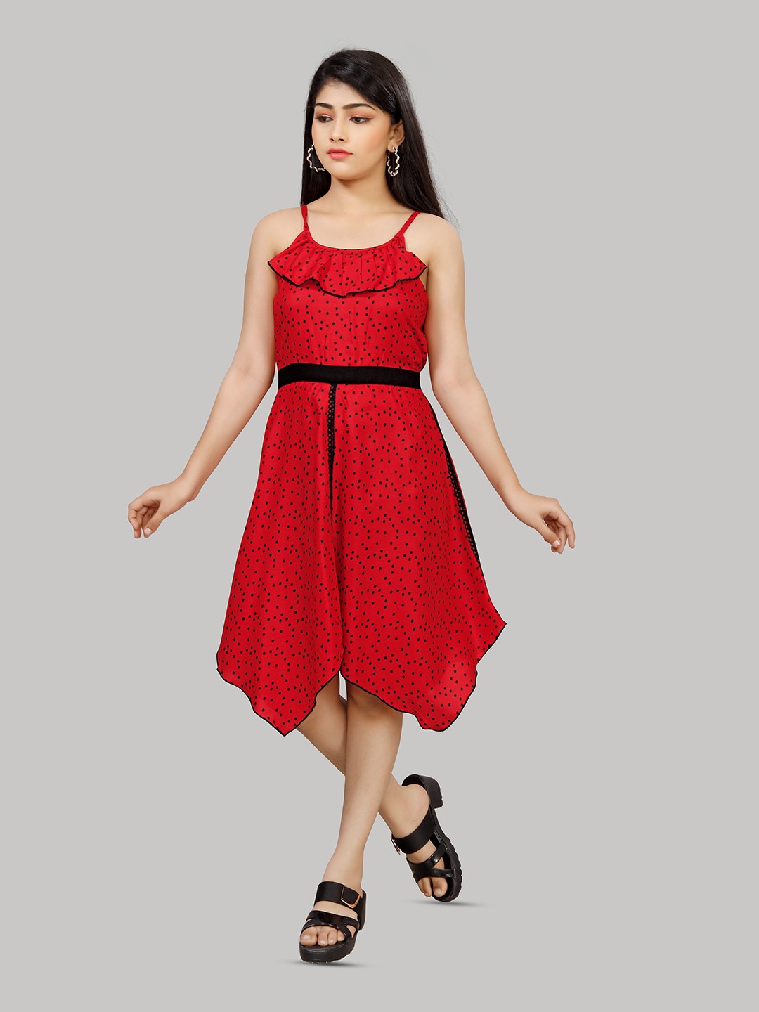 

R K MANIYAR Girls Polka Dot Printed Shoulder Strap A-Line Midi Dress, Red