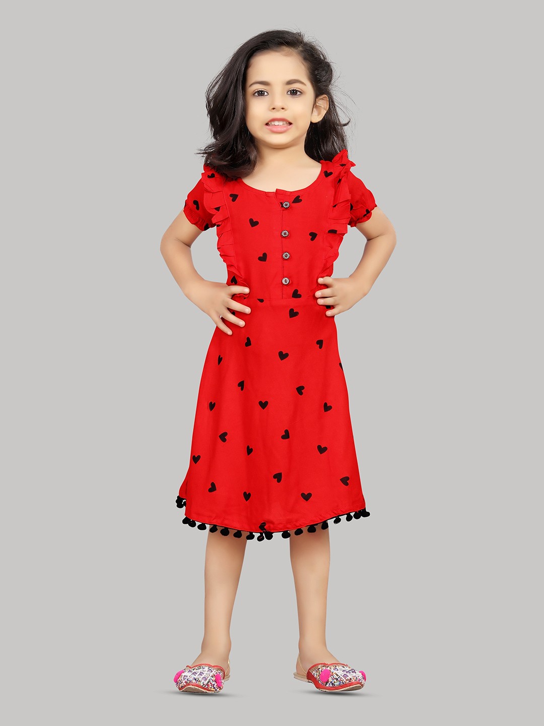 

R K MANIYAR Girls Conversational Printed Ruffled A-Line Knee Length Dress, Red