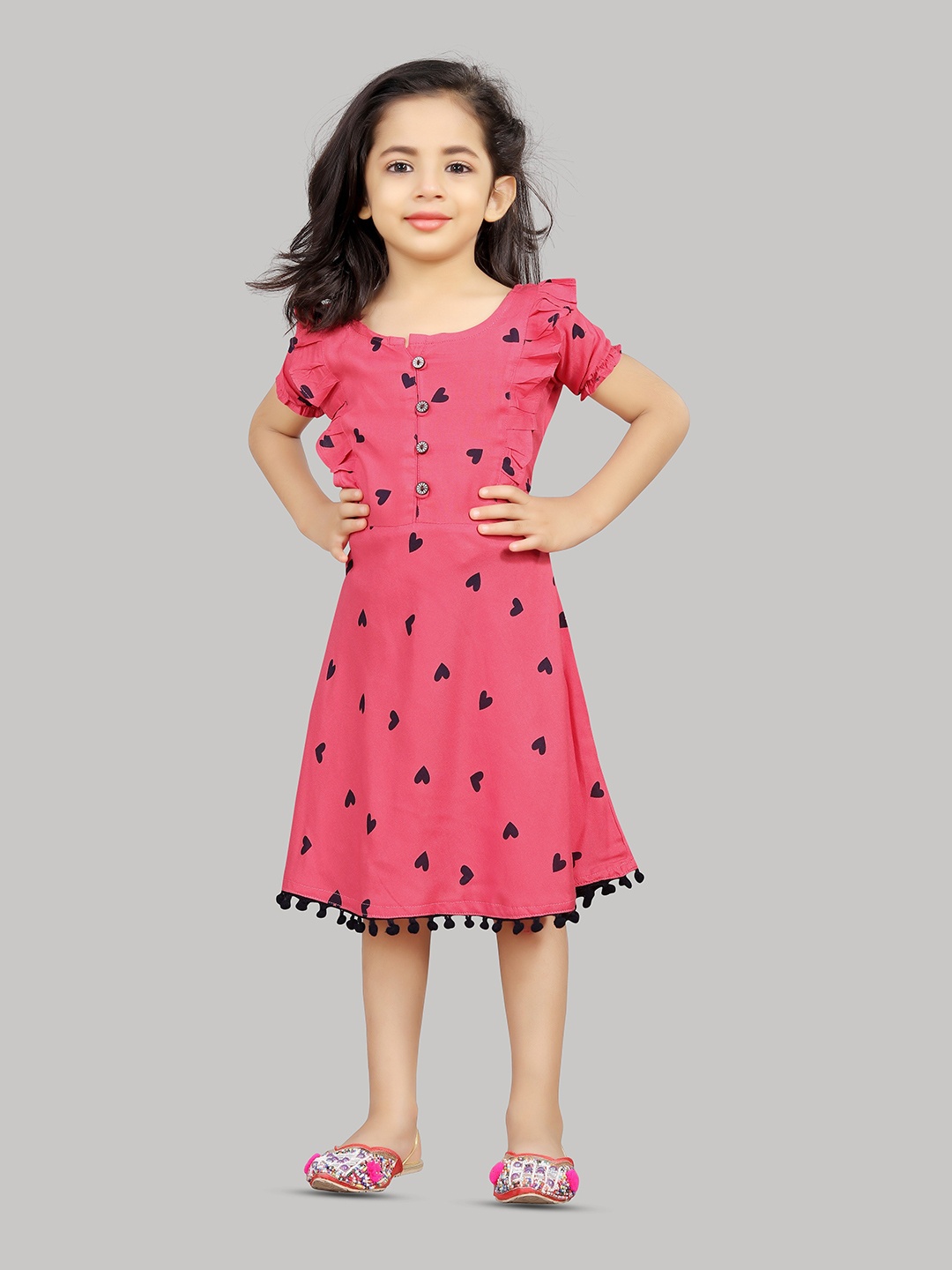 

R K MANIYAR Girls Geometric Printed Ruffles A-Line Dress, Pink