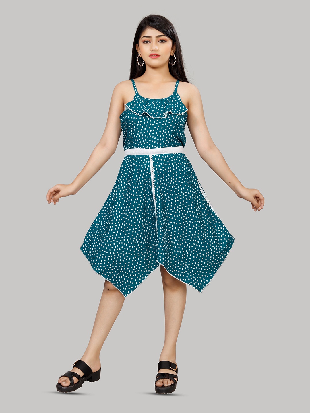 

R K MANIYAR Girls Polka Dot Print Fit & Flare Dress, Teal