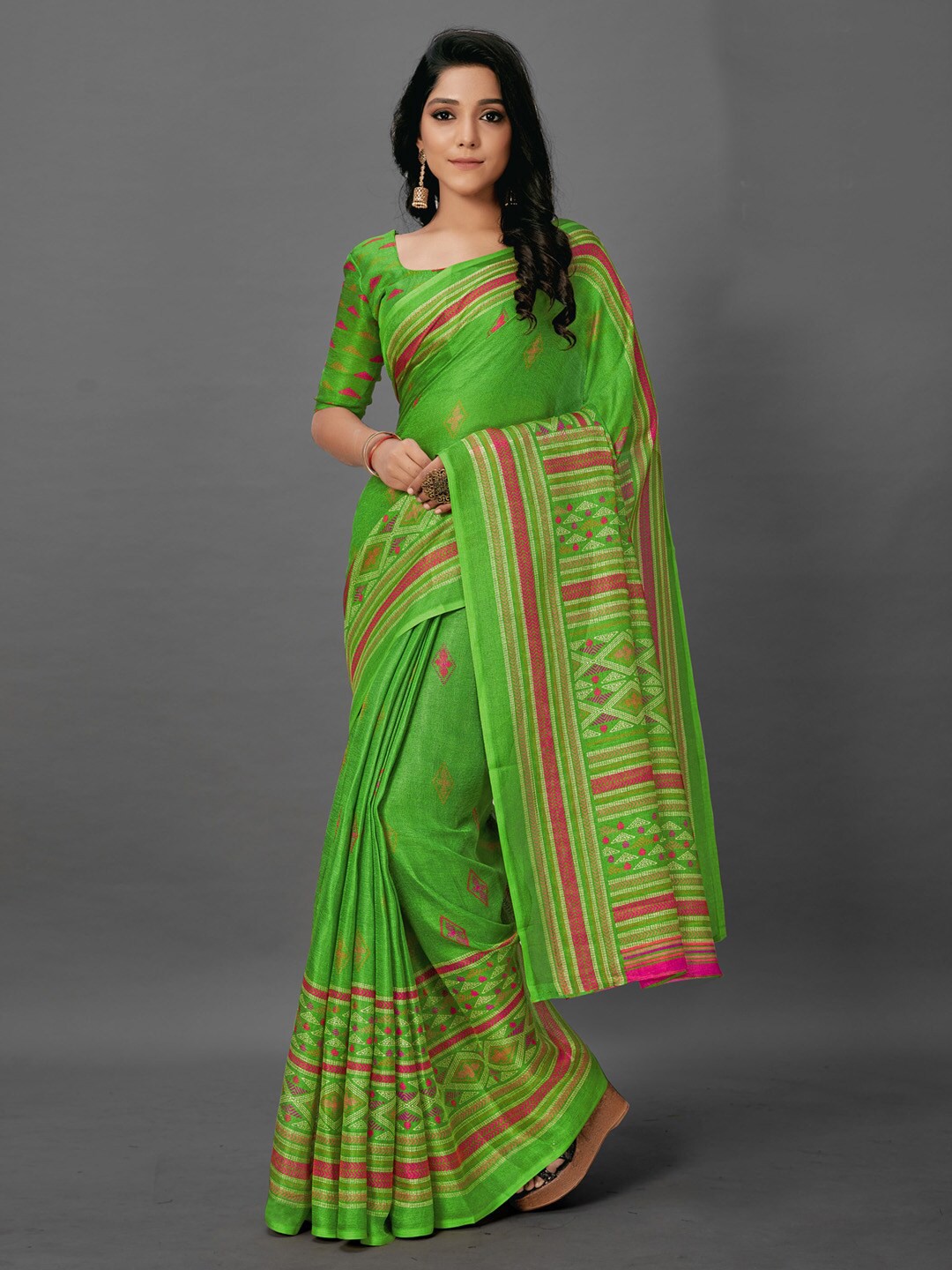 

Anouk Green Ethnic Motifs Printed Jute Silk Bagh Saree