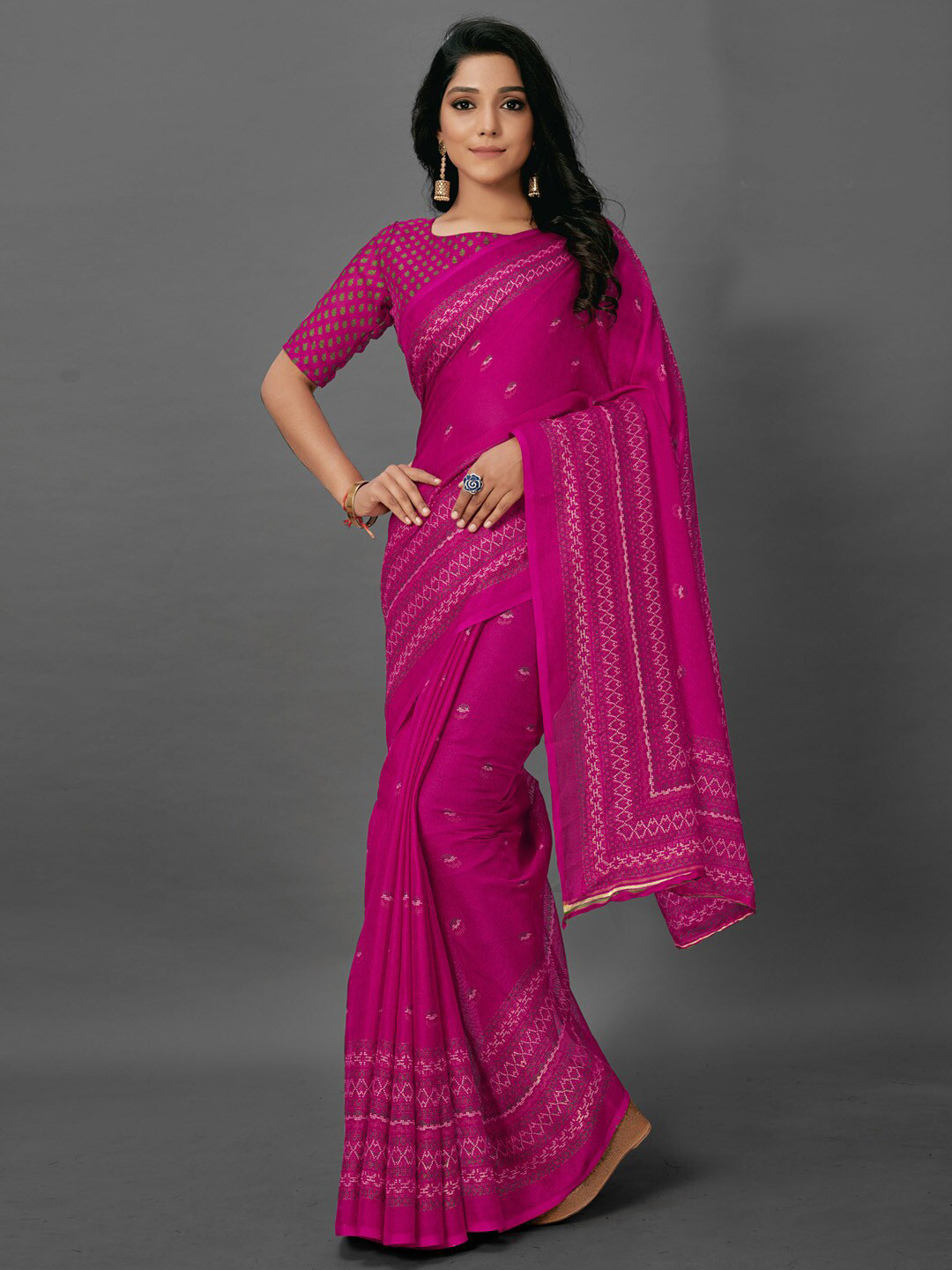 

Anouk Pink Ethnic Motifs Printed Jute Silk Bagh Saree