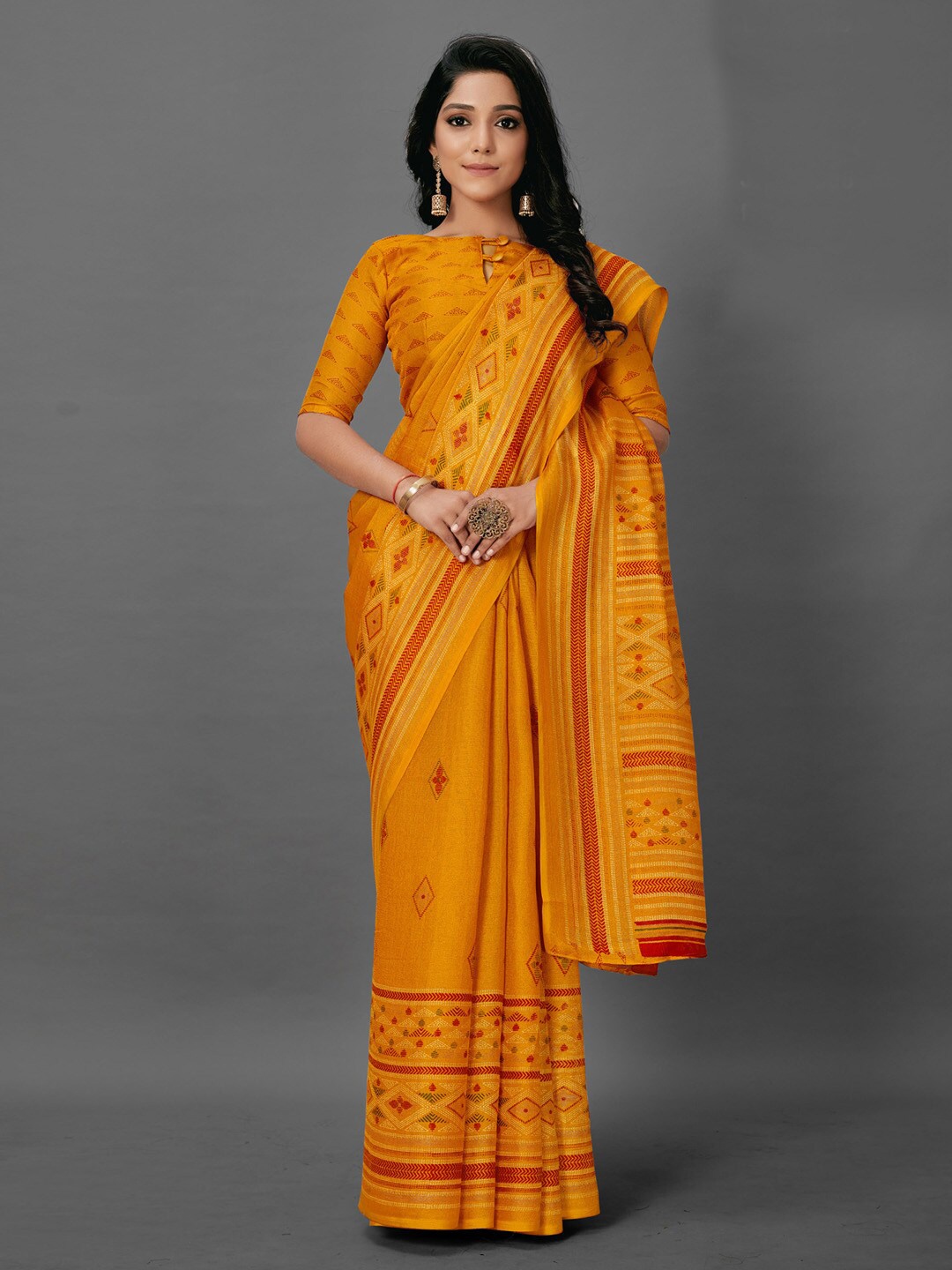 

Anouk Yellow Ethnic Motifs Printed Jute Silk Bagh Saree