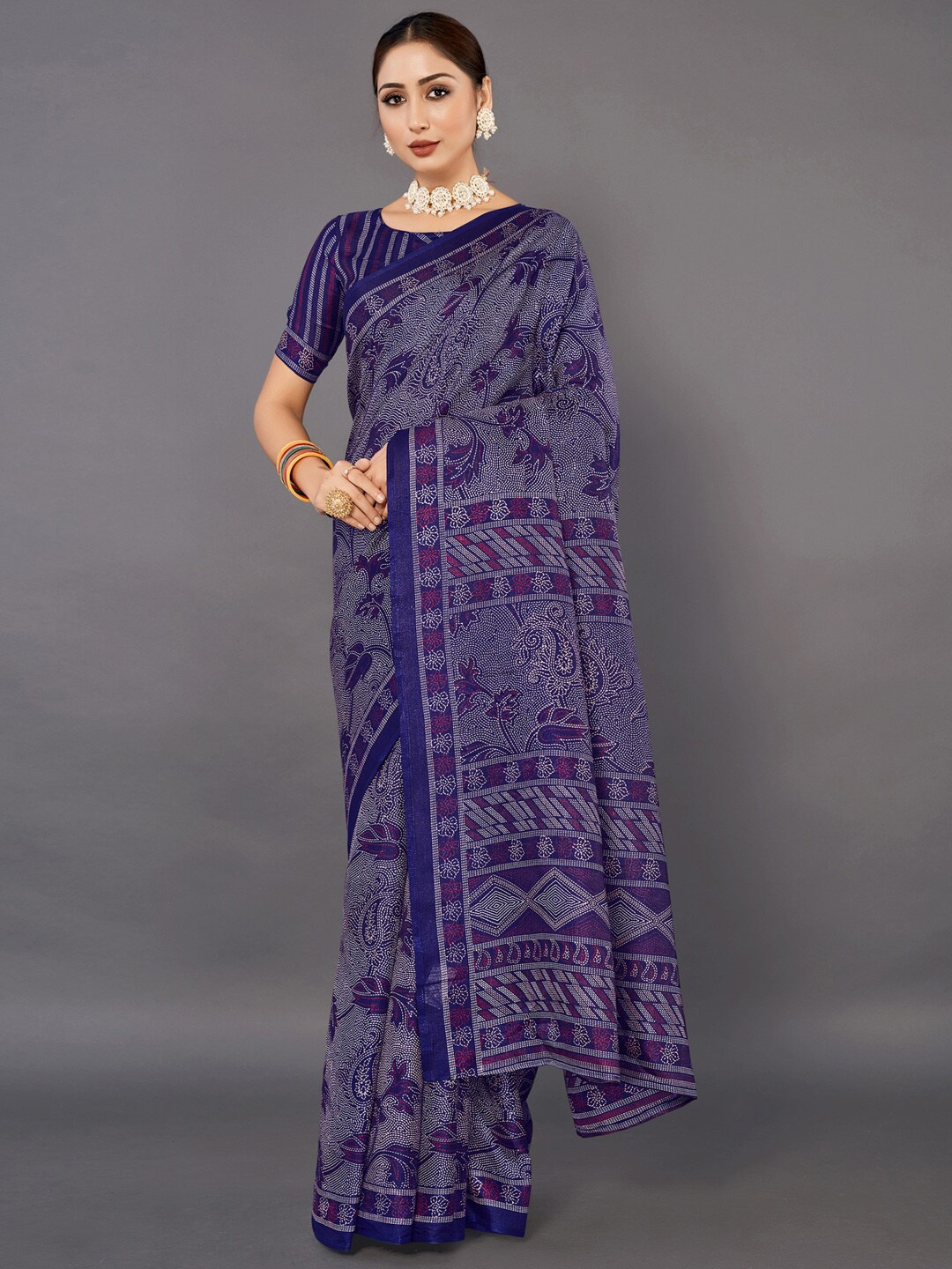 

Anouk Navy Blue Ethnic Motifs Printed Bagh Saree