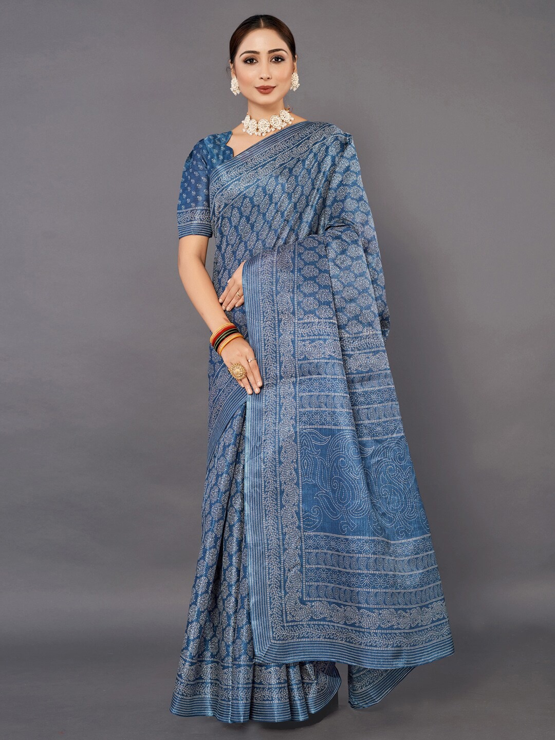 

Anouk Blue Ethnic Motifs Printed Bagh Saree
