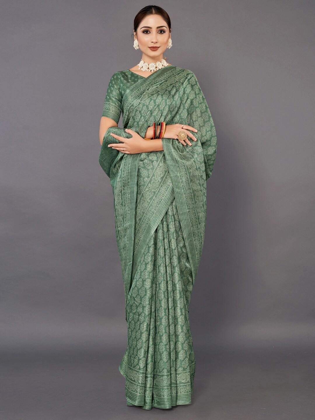 

Anouk Sea Green & Off White Ethnic Motifs Printed Bagh Saree