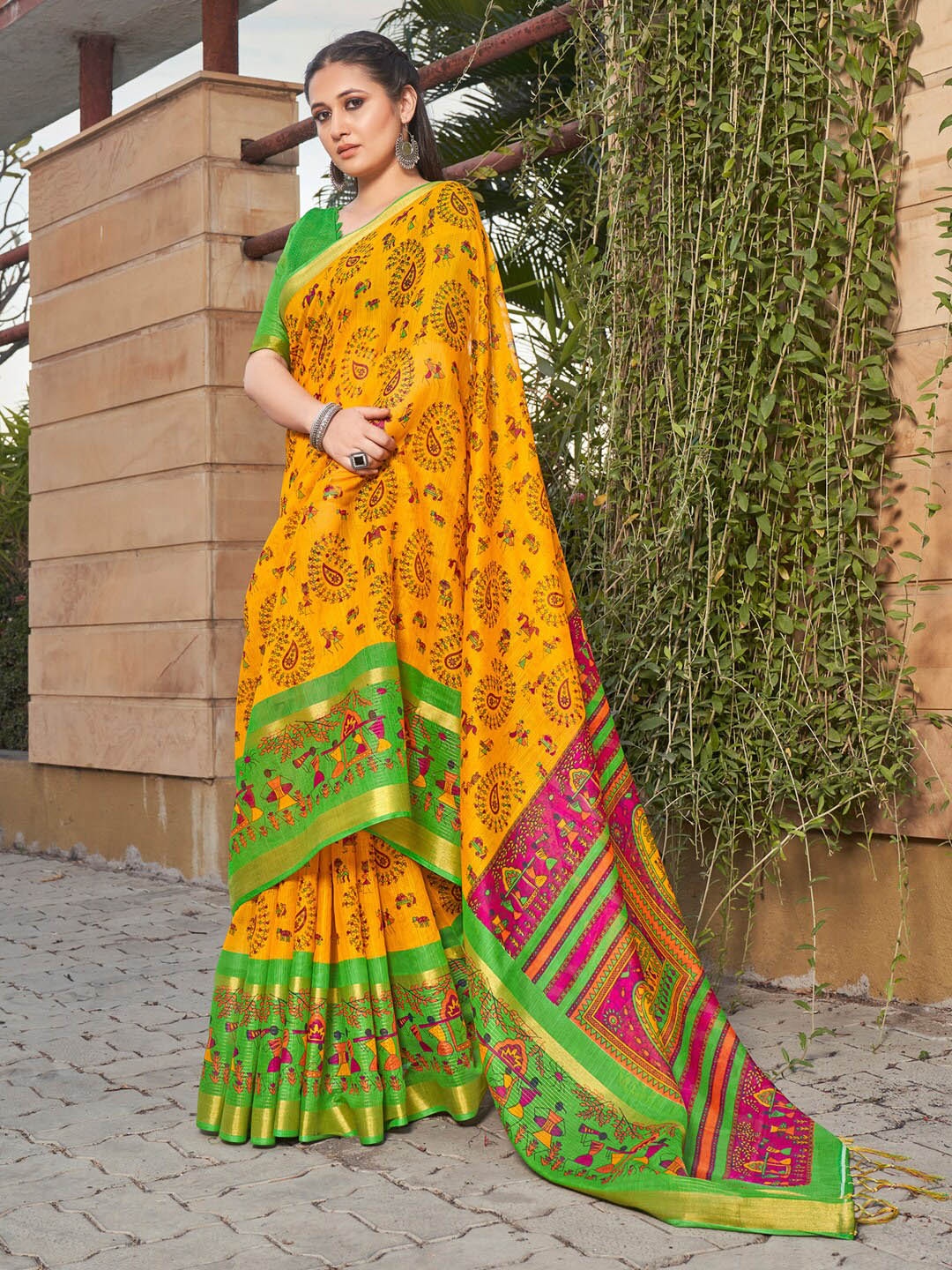 

Anouk Yellow & Green Warli Printed Zari Sungudi Saree