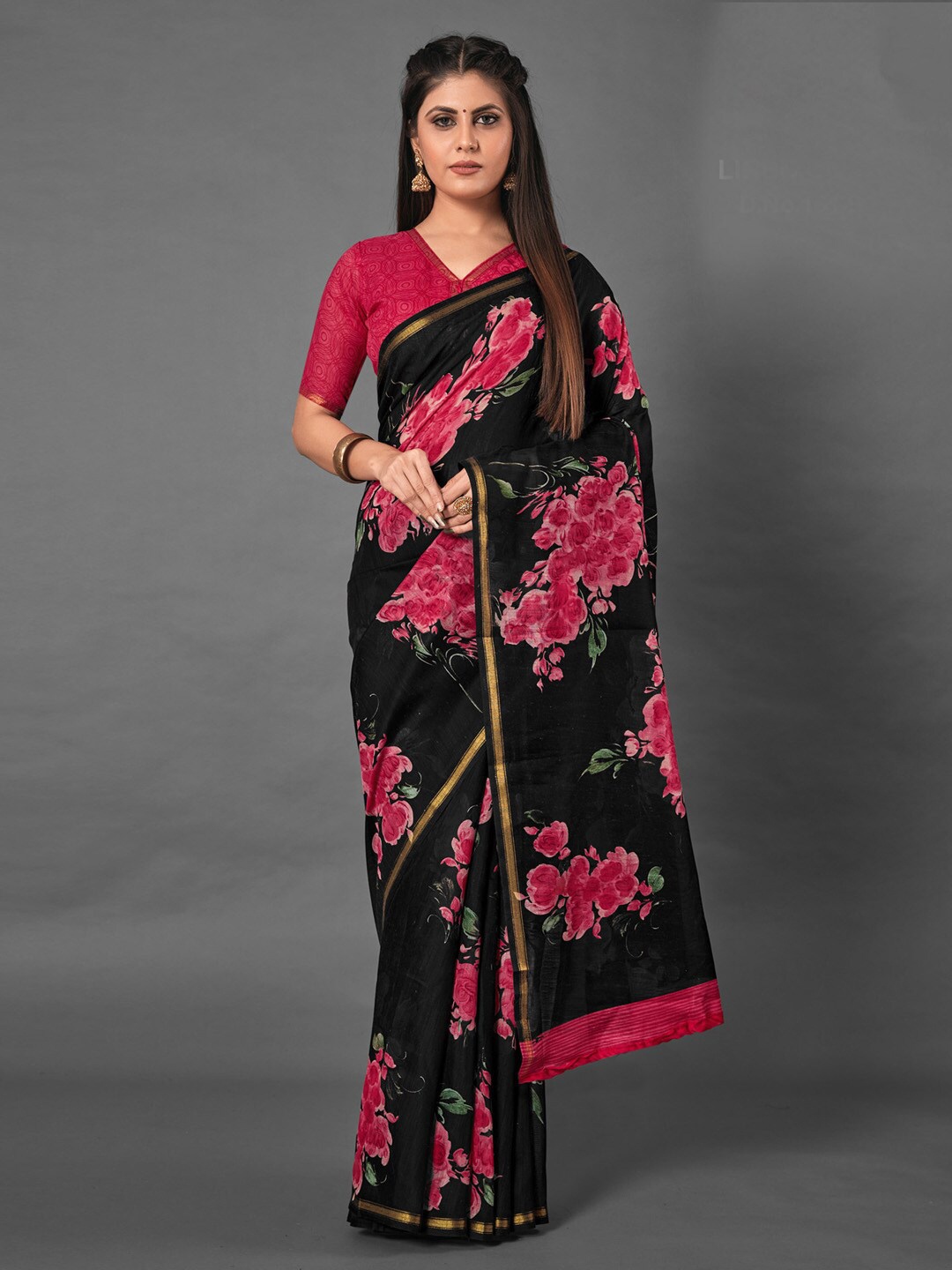 

Anouk Black & Pink Floral Printed Zari Bagh Saree