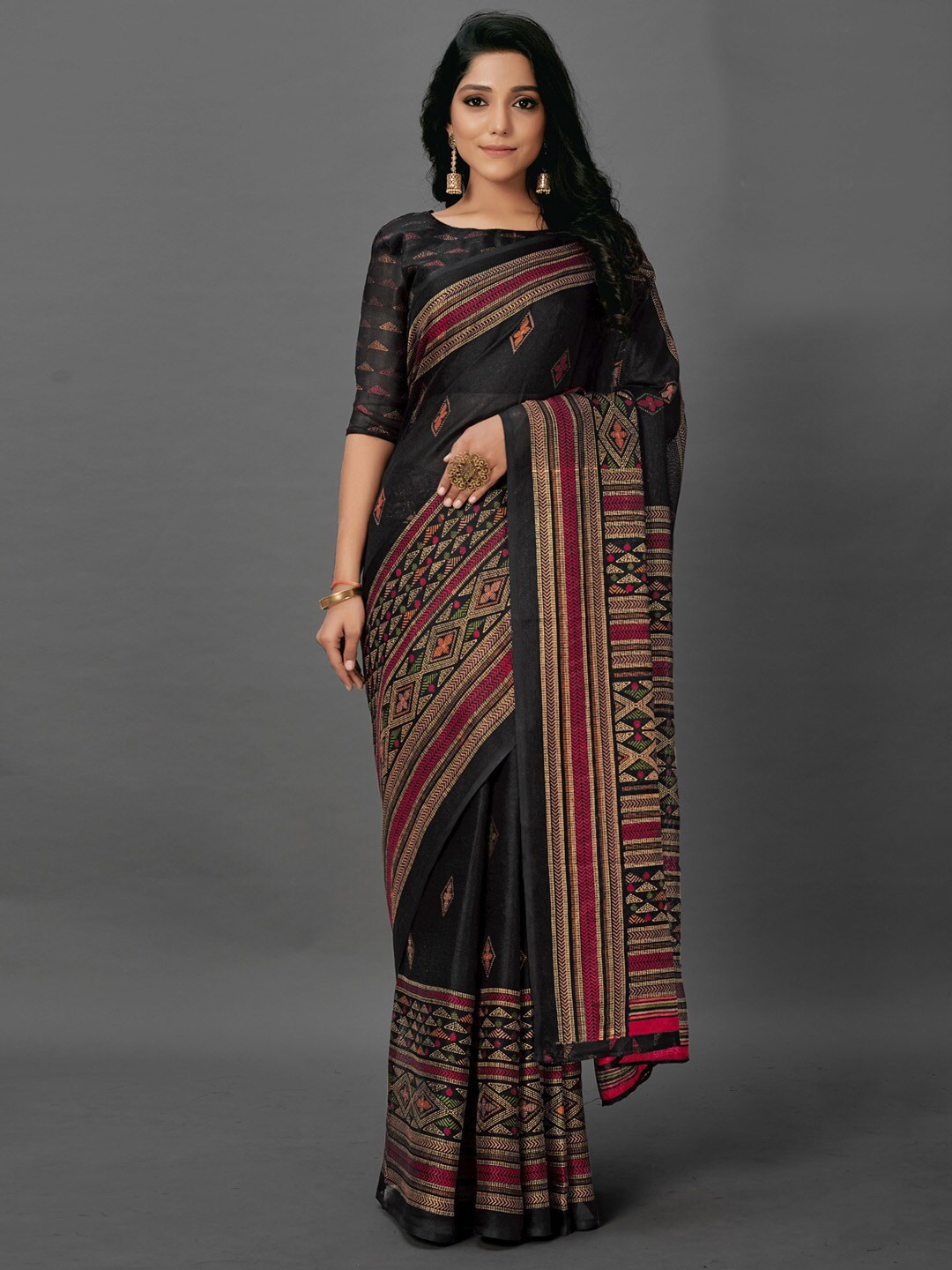 

Anouk Black & Red Ethnic Motifs Printed Jute Silk Bagh Saree