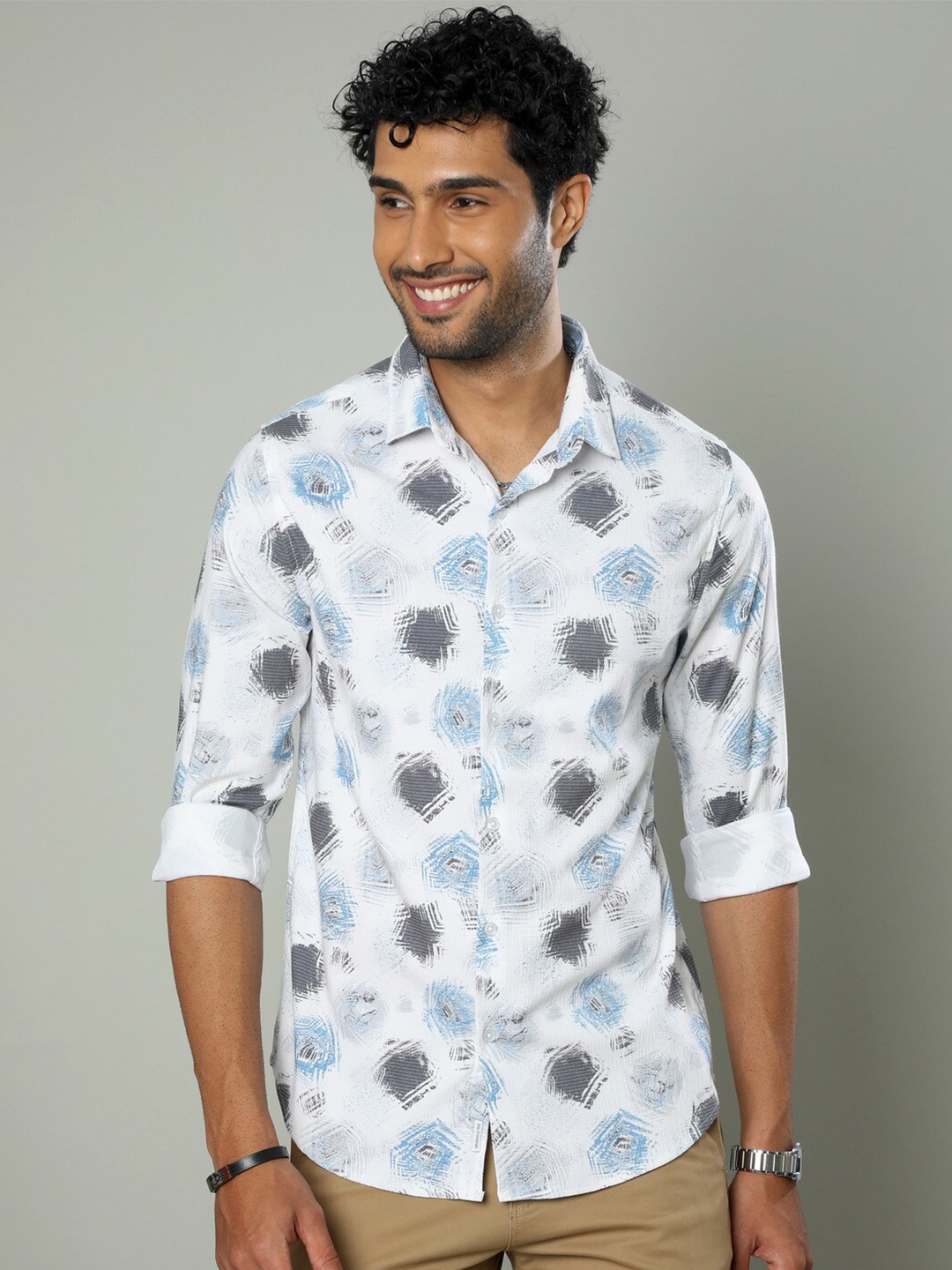 

FLY 69 Premium Abstract Printed Spread Collar Slim Fit Casual Shirt, White