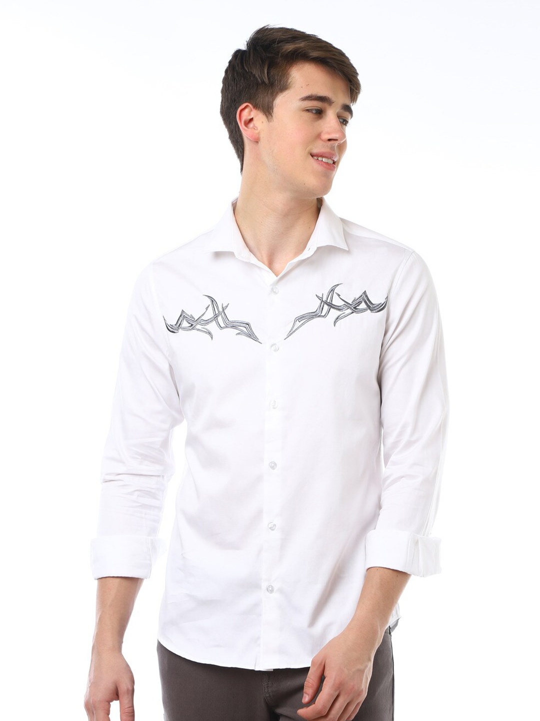

FLY 69 Premium Slim Fit Graphic Printed Pure Cotton Casual Shirt, White
