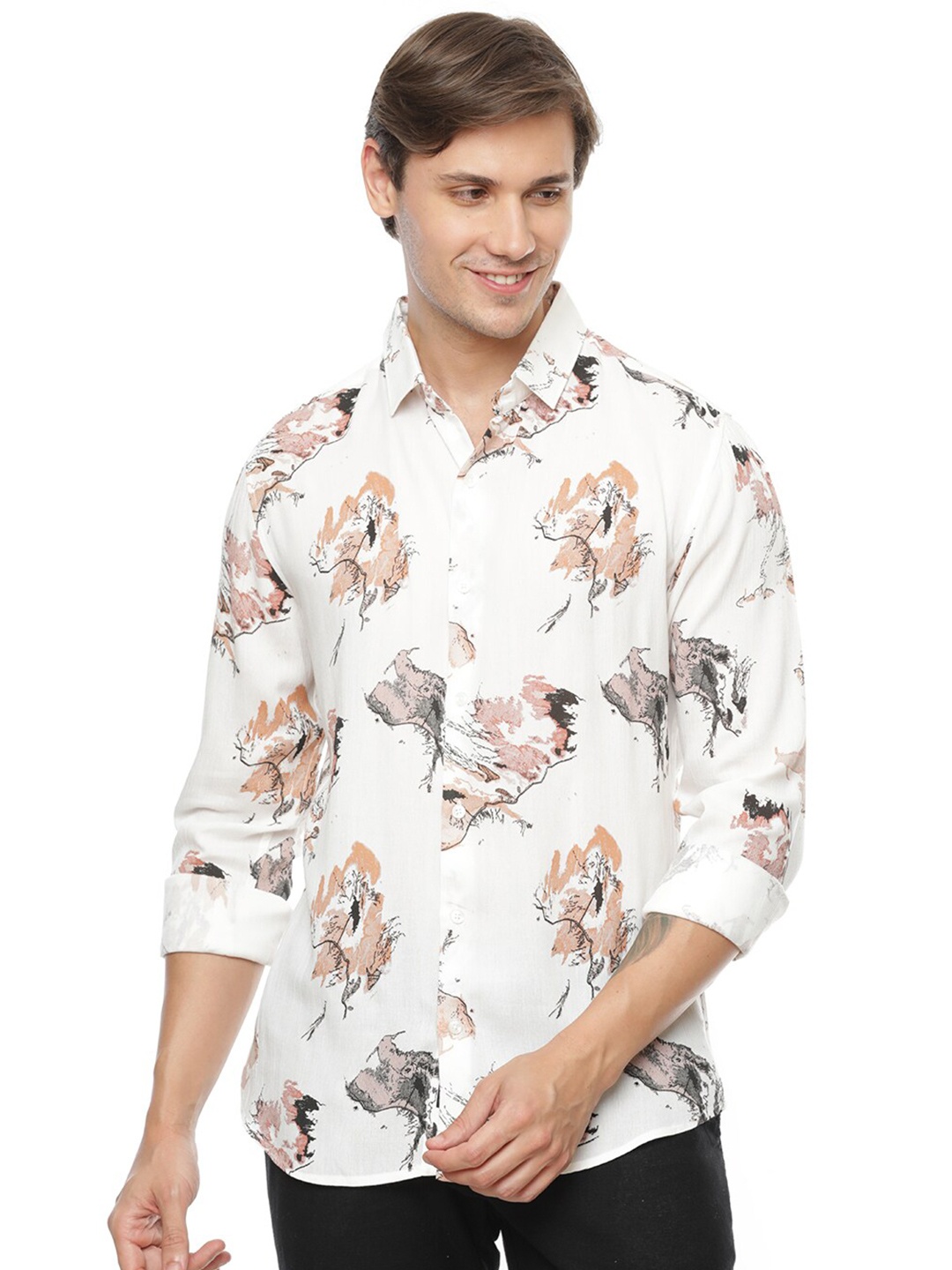 

FLY 69 Premium Slim Fit Abstract Printed Casual Shirt, Orange