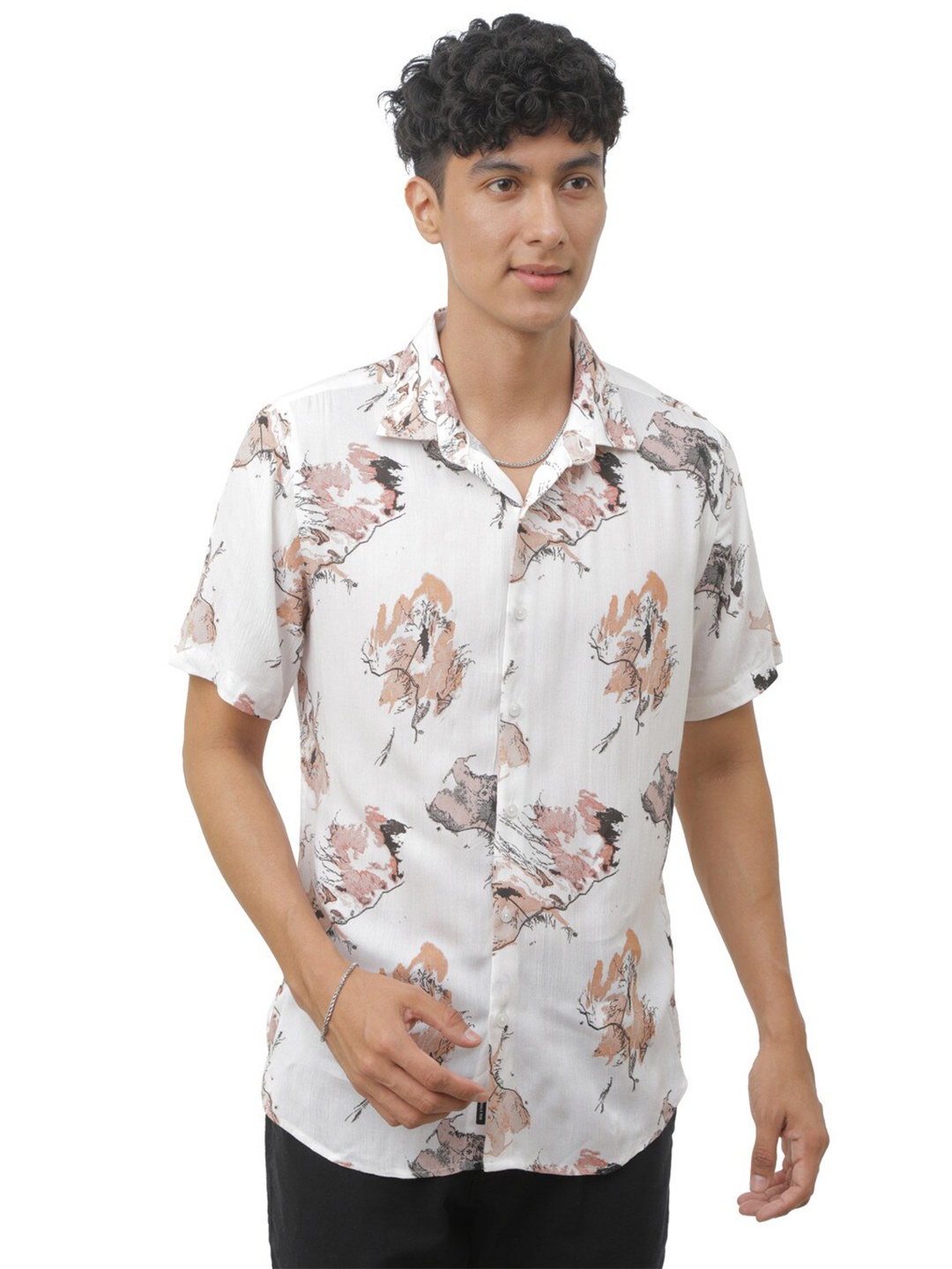 

FLY 69 Premium Slim Fit Abstract Printed Casual Shirt, White