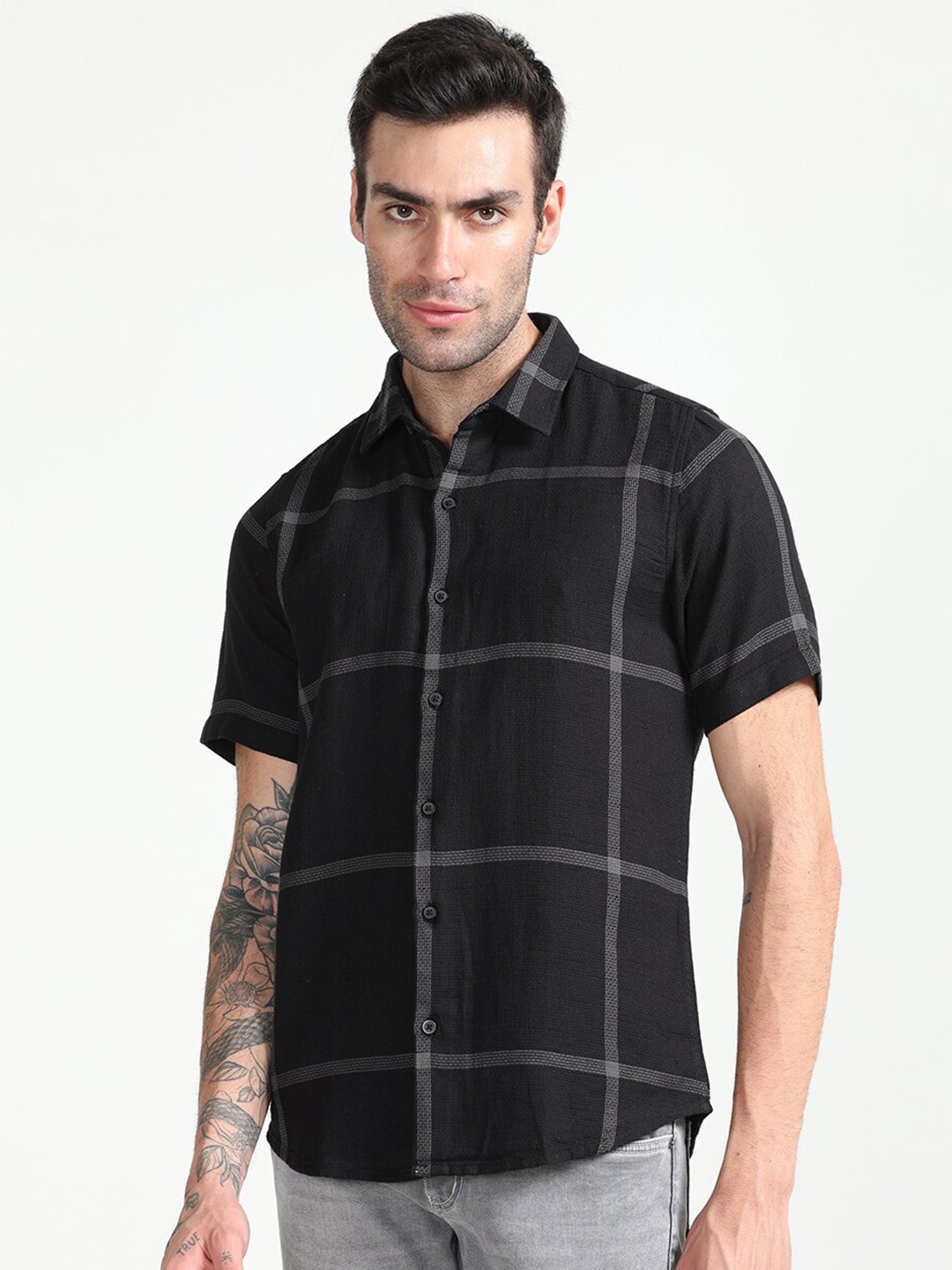 

FLY 69 Premium Slim Fit Windowpane Checked Pure Cotton Casual Shirt, Black