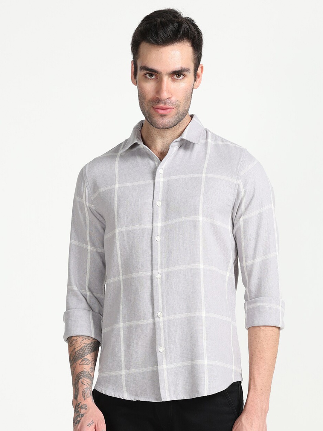 

FLY 69 Premium Slim Fit Windowpane Checked Pure Cotton Casual Shirt, Grey