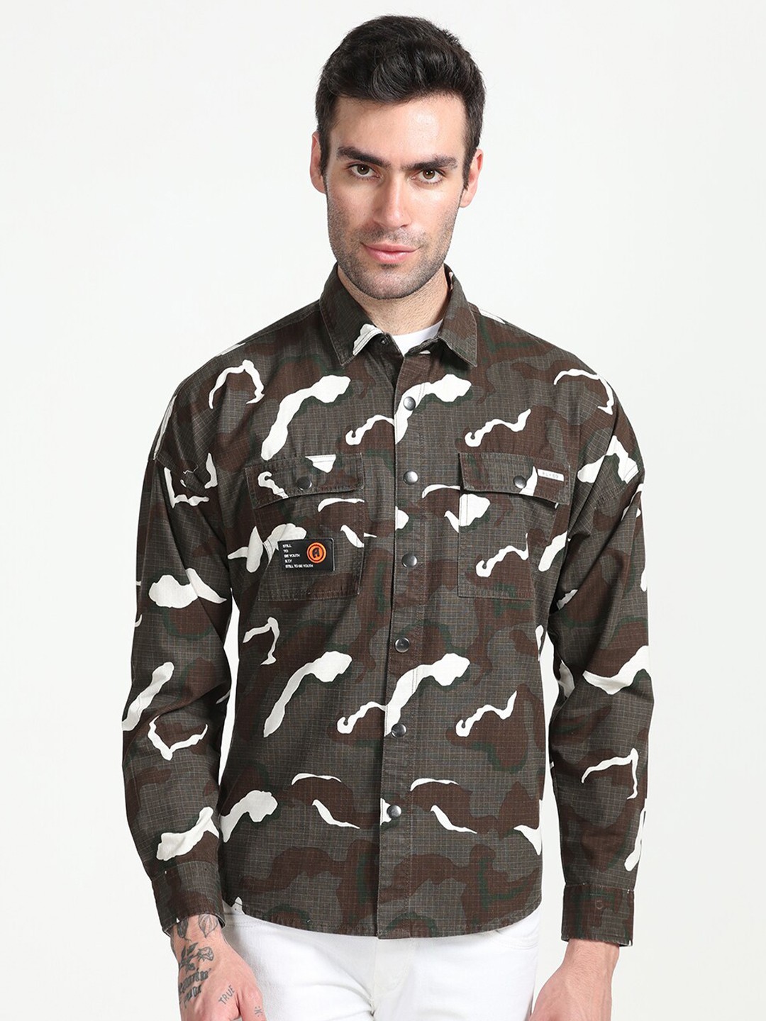 

FLY 69 Premium Slim Fit Abstract Printed Pure Cotton Casual Shirt, Brown