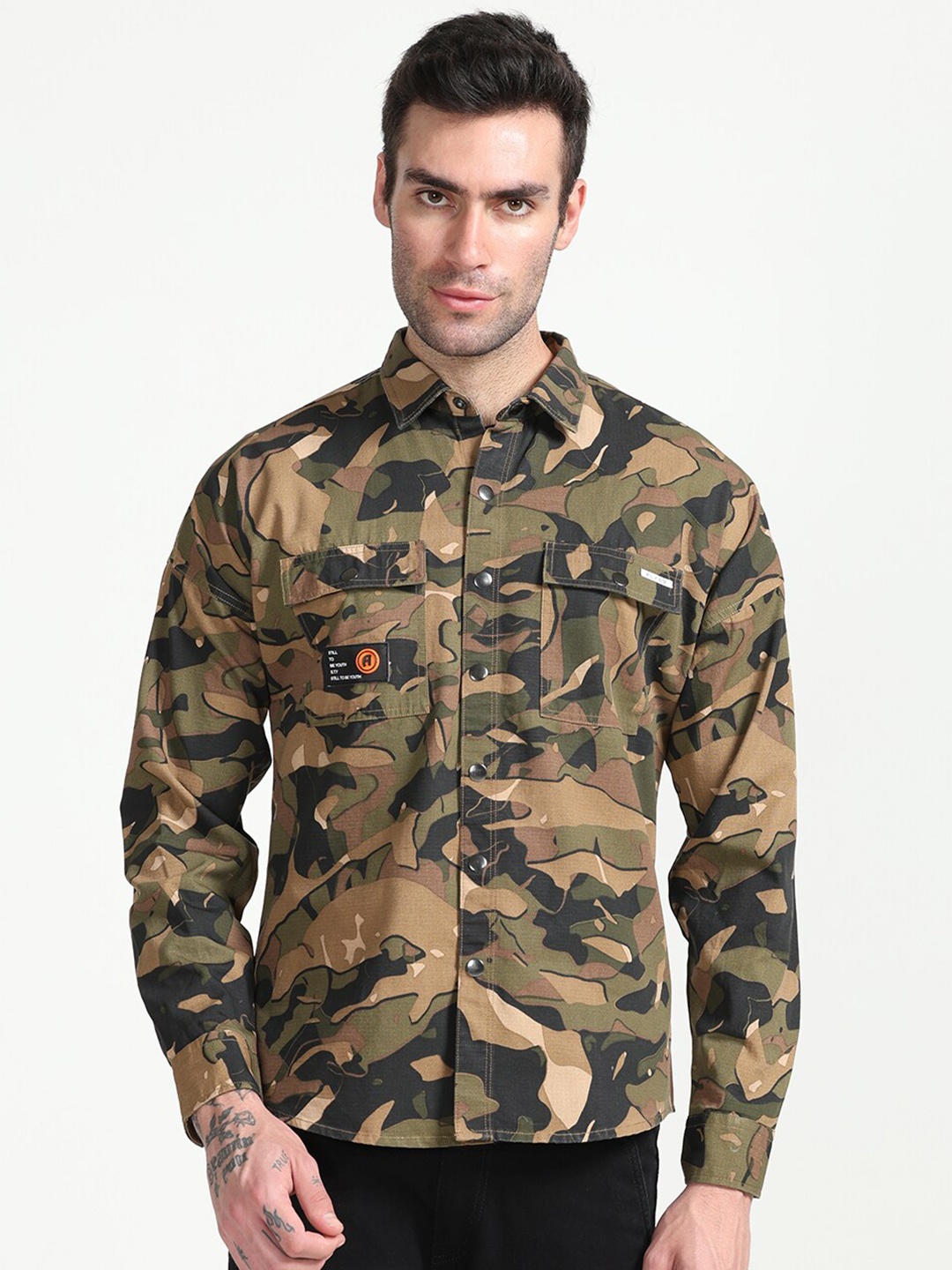 

FLY 69 Premium Slim Fit Camouflage Printed Pure Cotton Casual Shirt, Khaki