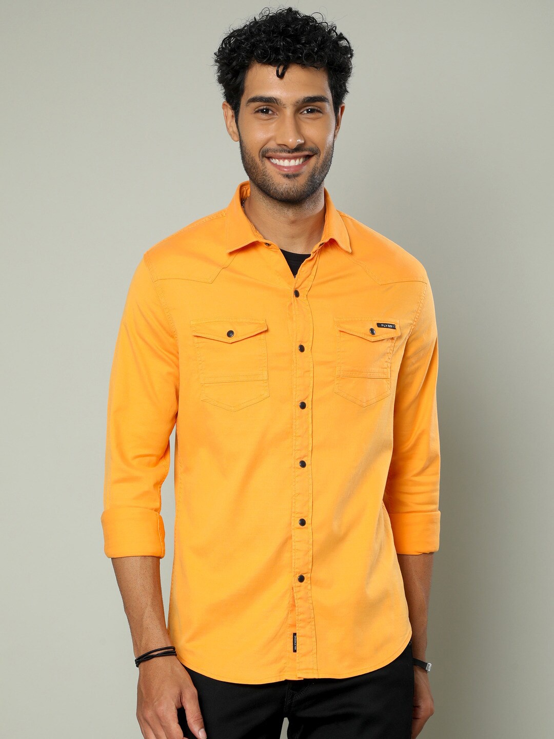 

FLY 69 Premium Slim Fit Opaque Pure Cotton Casual Shirt, Mustard