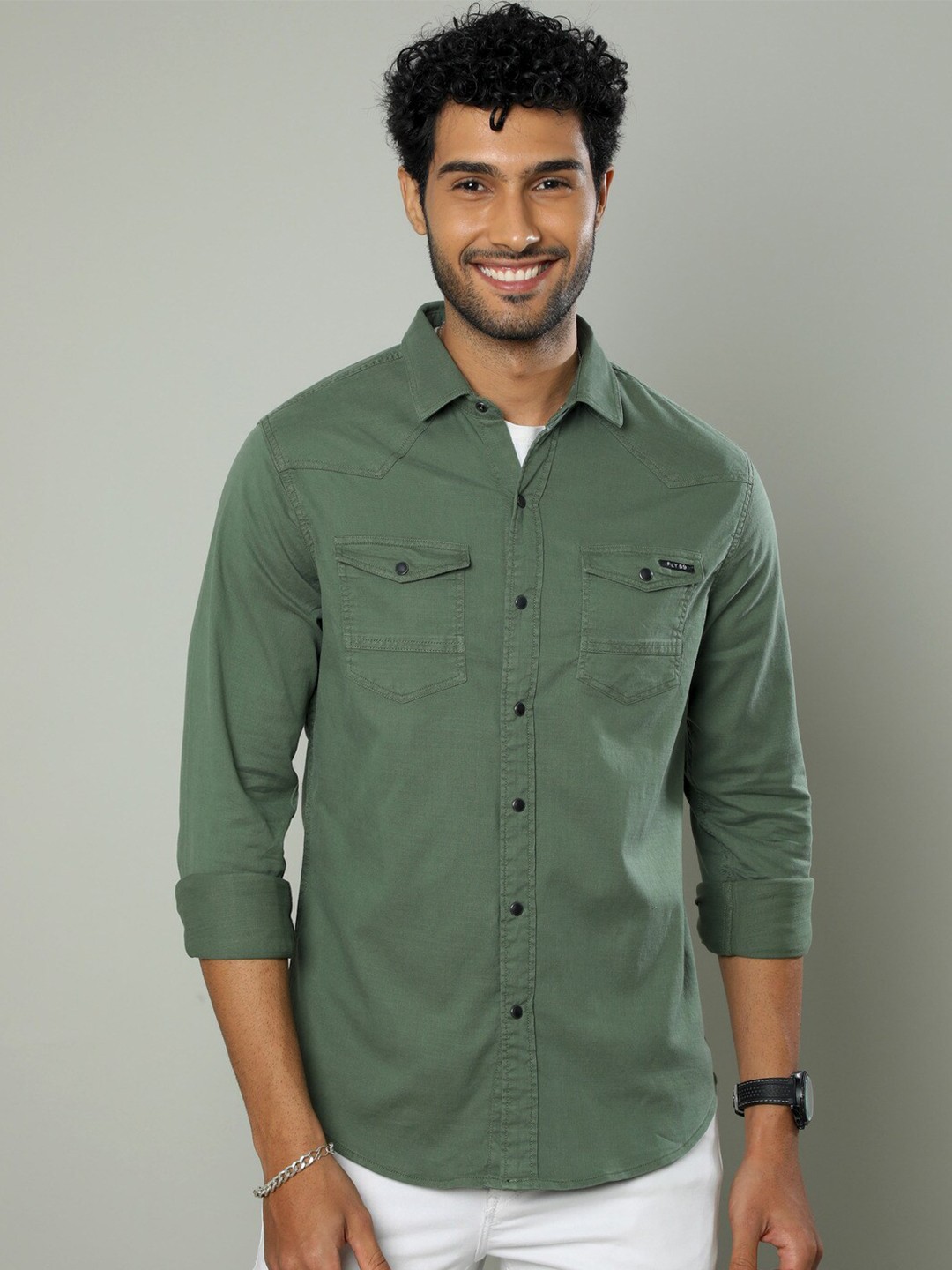 

FLY 69 Premium Slim Fit Opaque Pure Cotton Casual Shirt, Olive