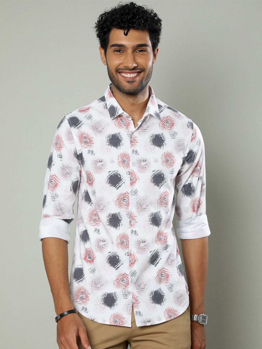 

FLY 69 Premium Slim Fit Geometric Printed Casual Shirt, White