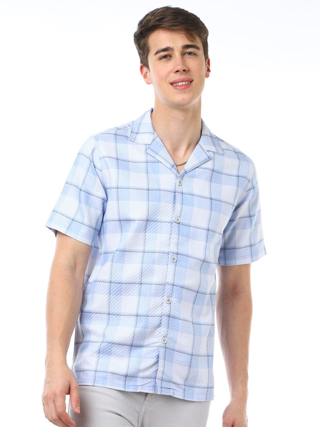 

FLY 69 Premium Boxy Opaque Checked Cuban Collar Pure Cotton Casual Shirt, Blue