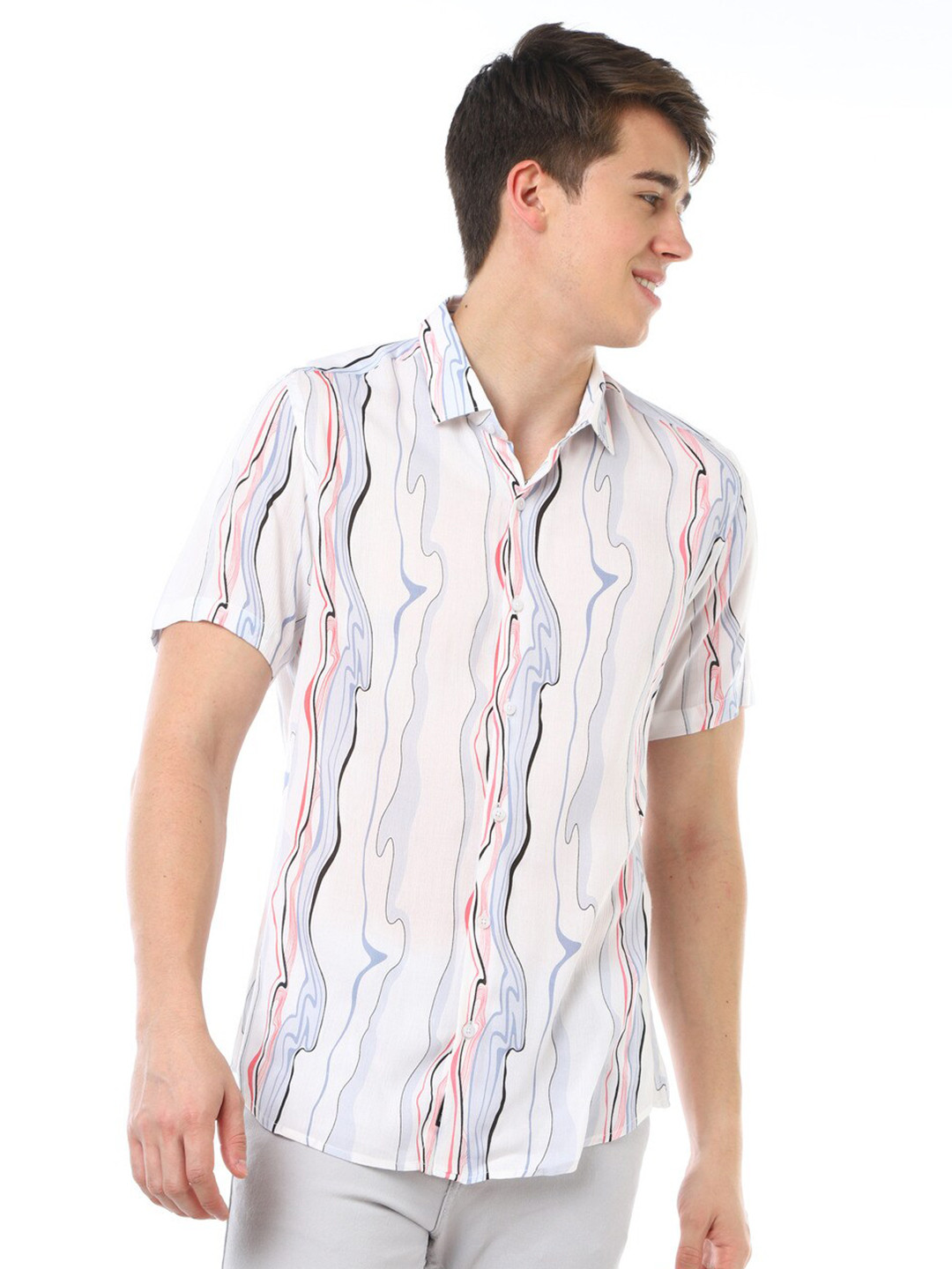 

FLY 69 Premium Slim Fit Abstract Printed Spread Collar Casual Shirt, White