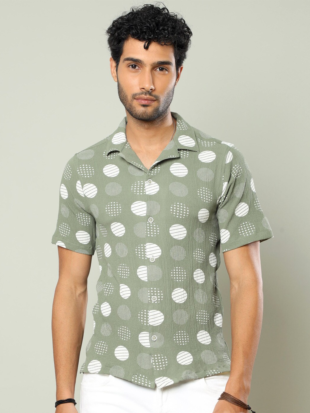 

FLY 69 Premium Boxy Fit Geometric Printed Casual Shirt, Green