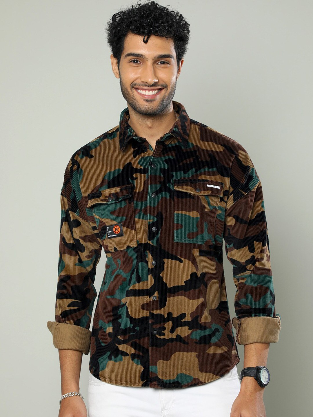 

FLY 69 Premium Slim Fit Opaque Camouflage Printed Corduroy Casual Shirt, Khaki