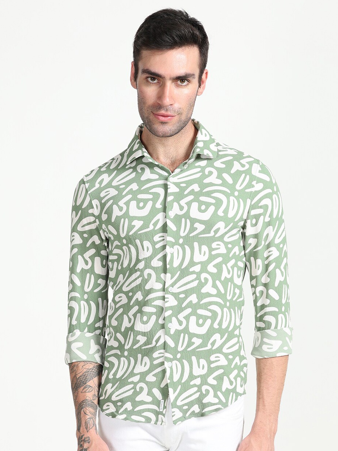 

FLY 69 Abstract Printed Premium Slim Fit Casual Shirt, Green