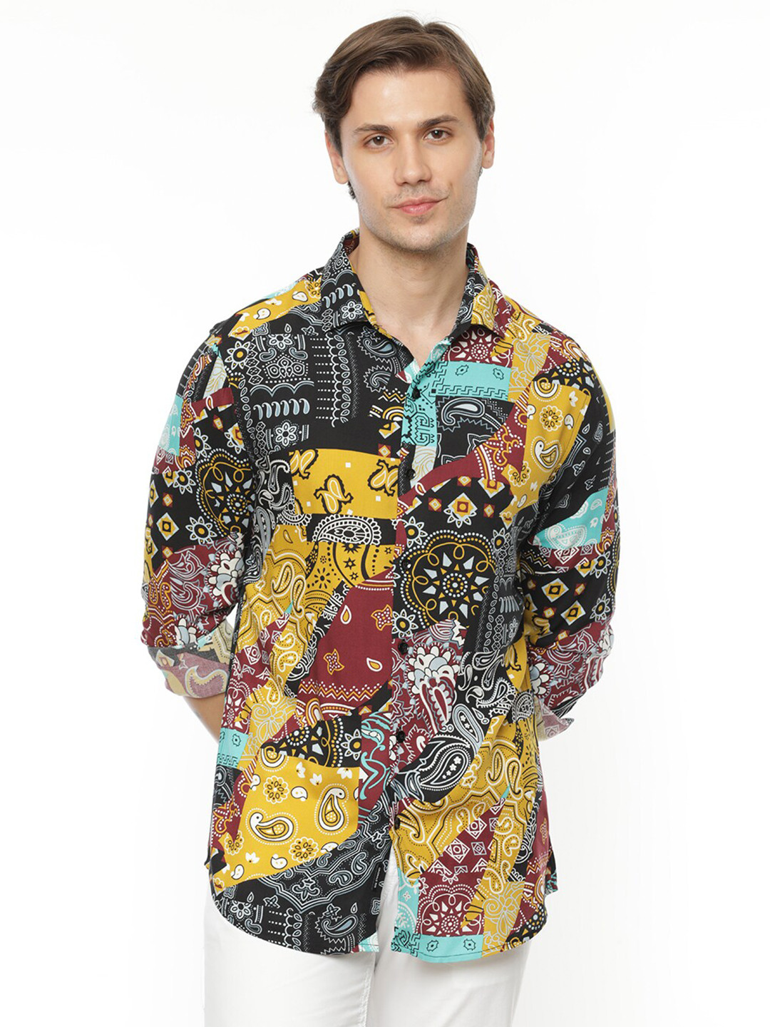 

FLY 69 Premium Slim Fit Ethnic Motifs Printed Casual Shirt, Yellow