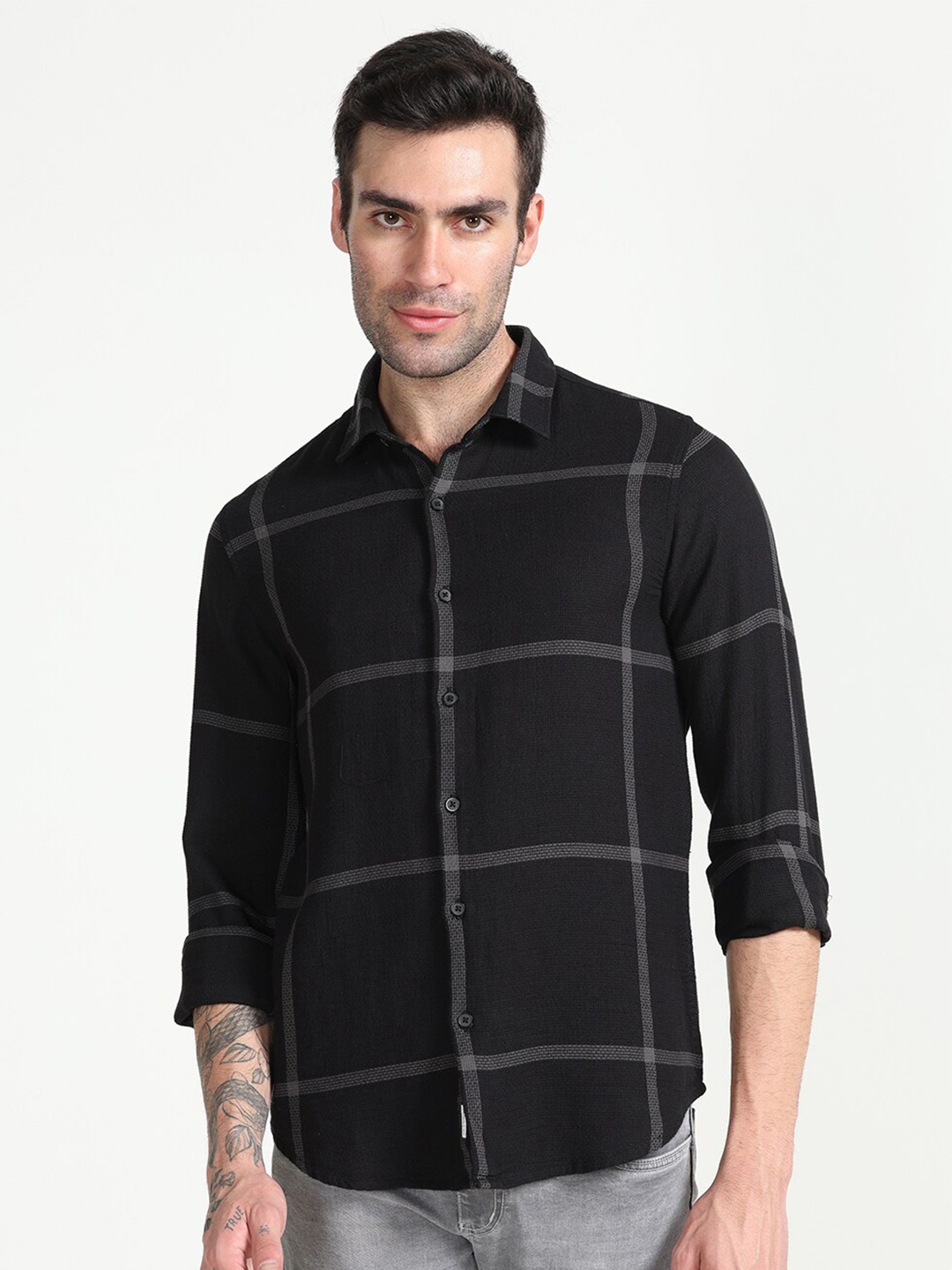 

FLY 69 Premium Slim Fit Windowpane Checked Pure Cotton Casual Shirt, Black