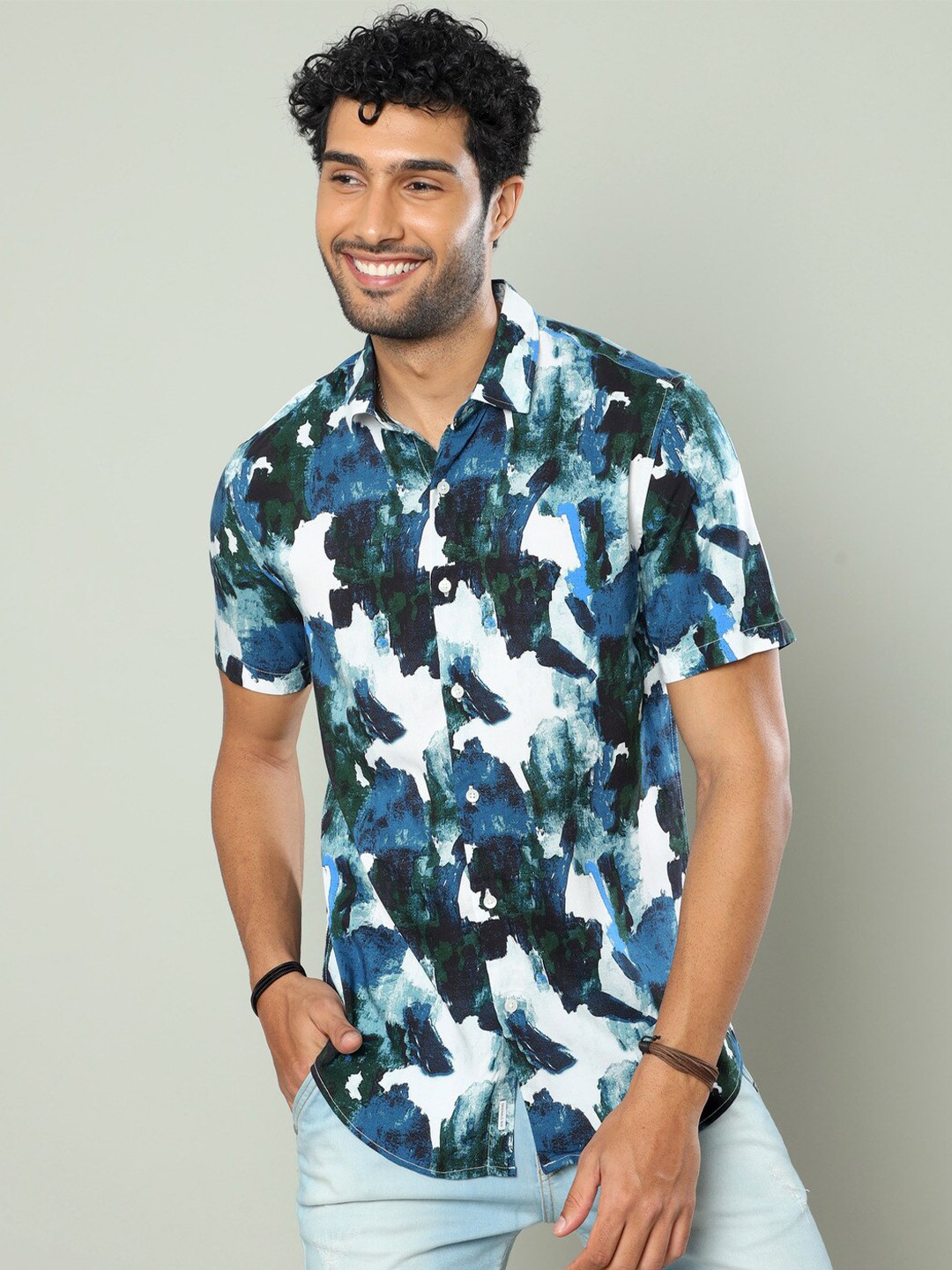 

FLY 69 Abstract Printed Premium Slim Fit Casual Shirt, Teal