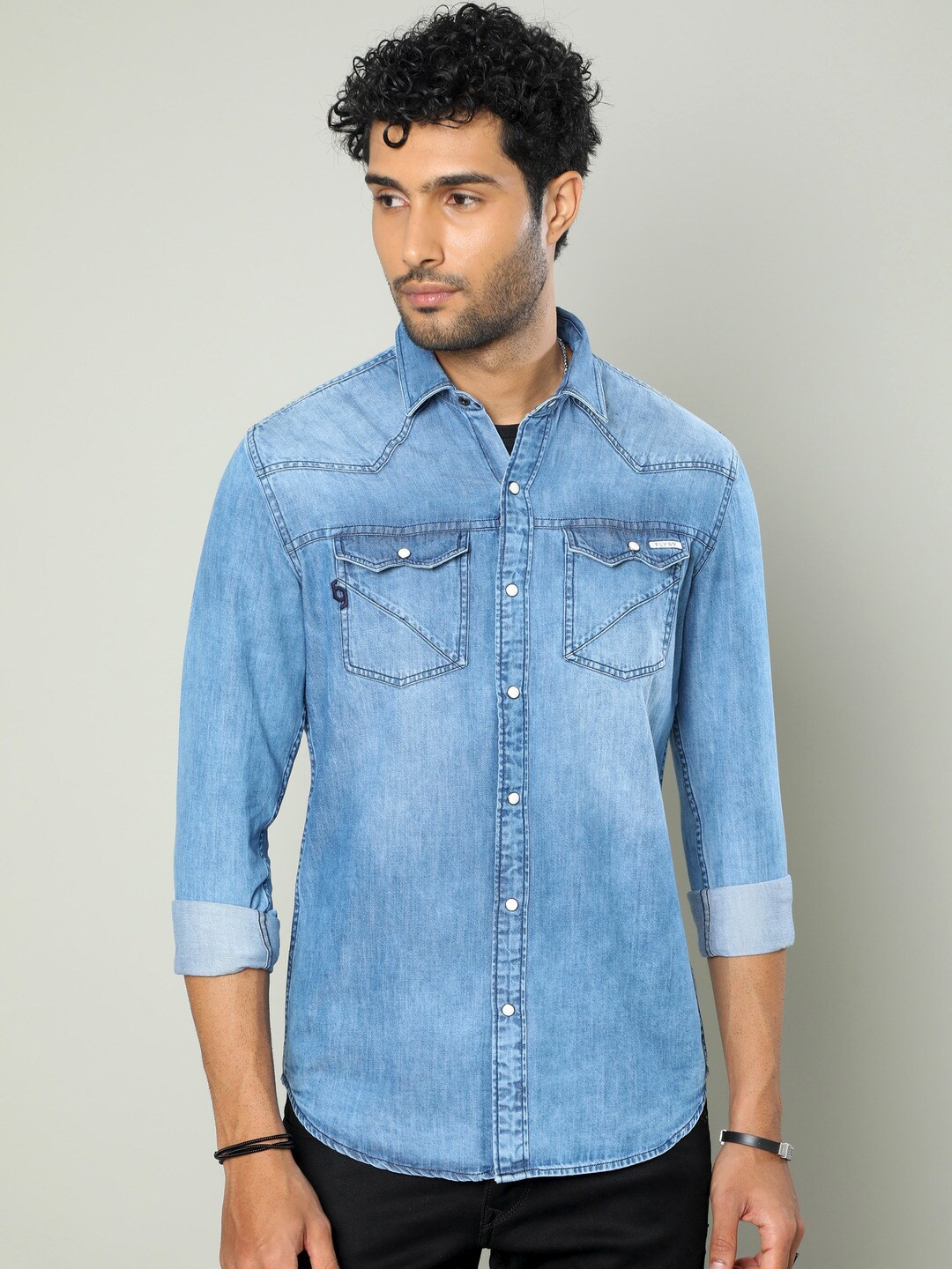 

FLY 69 Premium Slim Fit Denim Casual Shirt, Blue