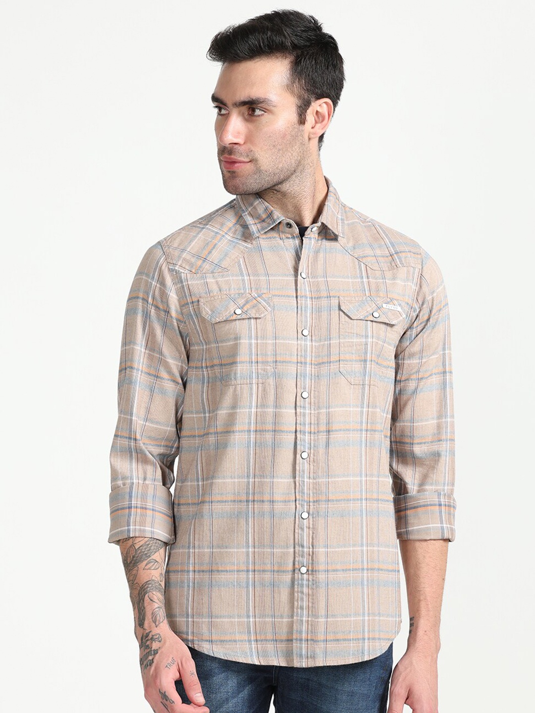 

FLY 69 Premium Slim Fit Tartan Checked Pure Cotton Casual Shirt, Beige