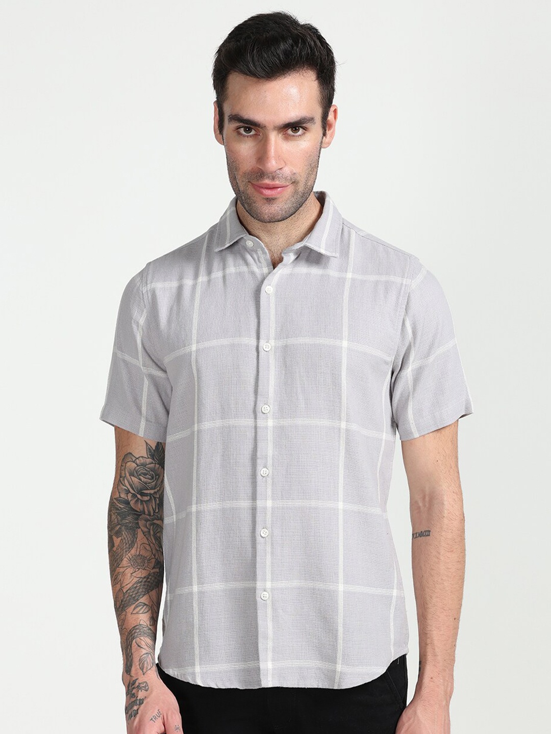 

FLY 69 Premium Slim Fit Windowpane Checks Spread Collar Cotton Casual Shirt, Grey