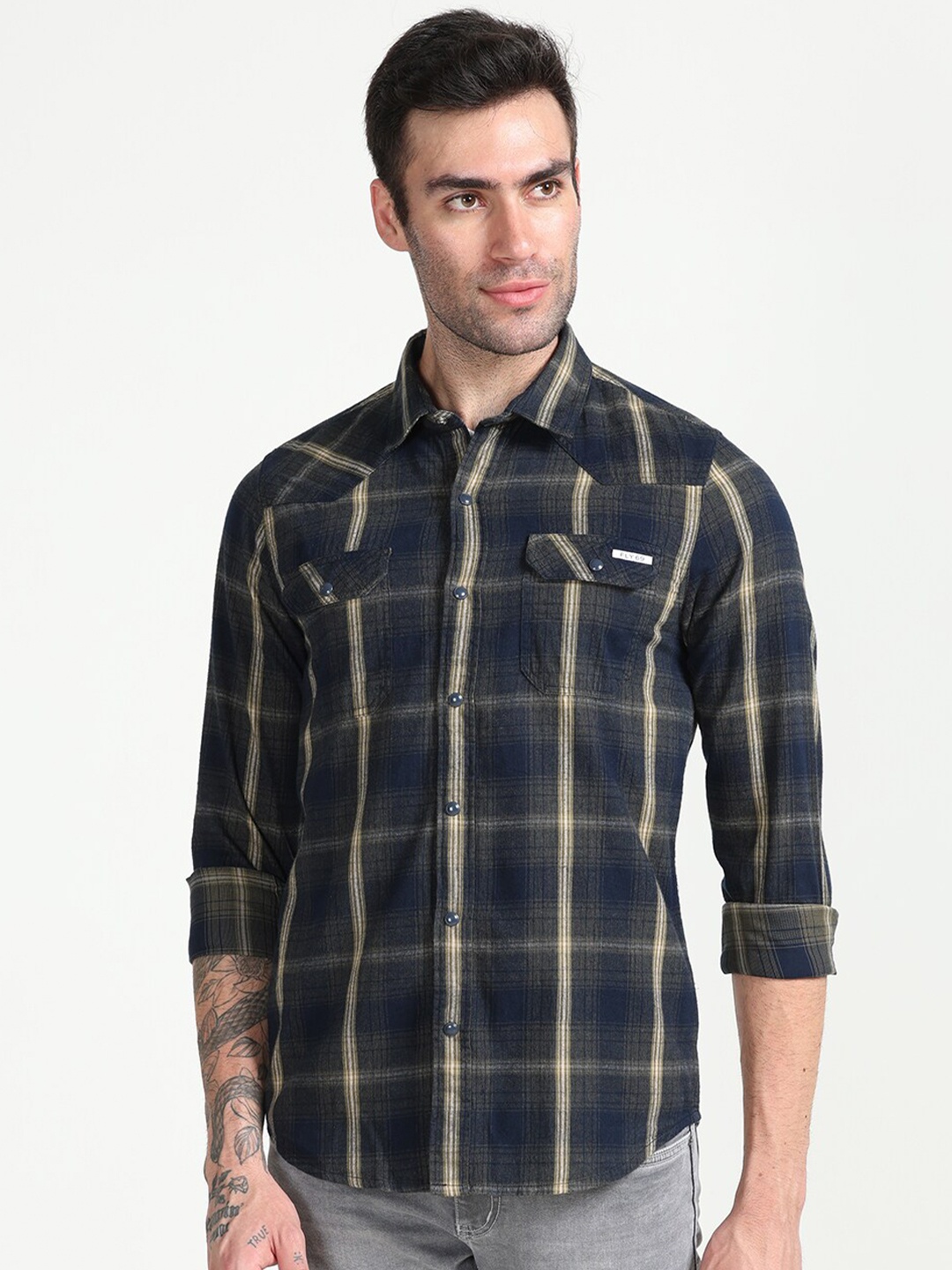 

FLY 69 Premium Checked Spread Collar Slim Fit Cotton Casual Shirt, Navy blue