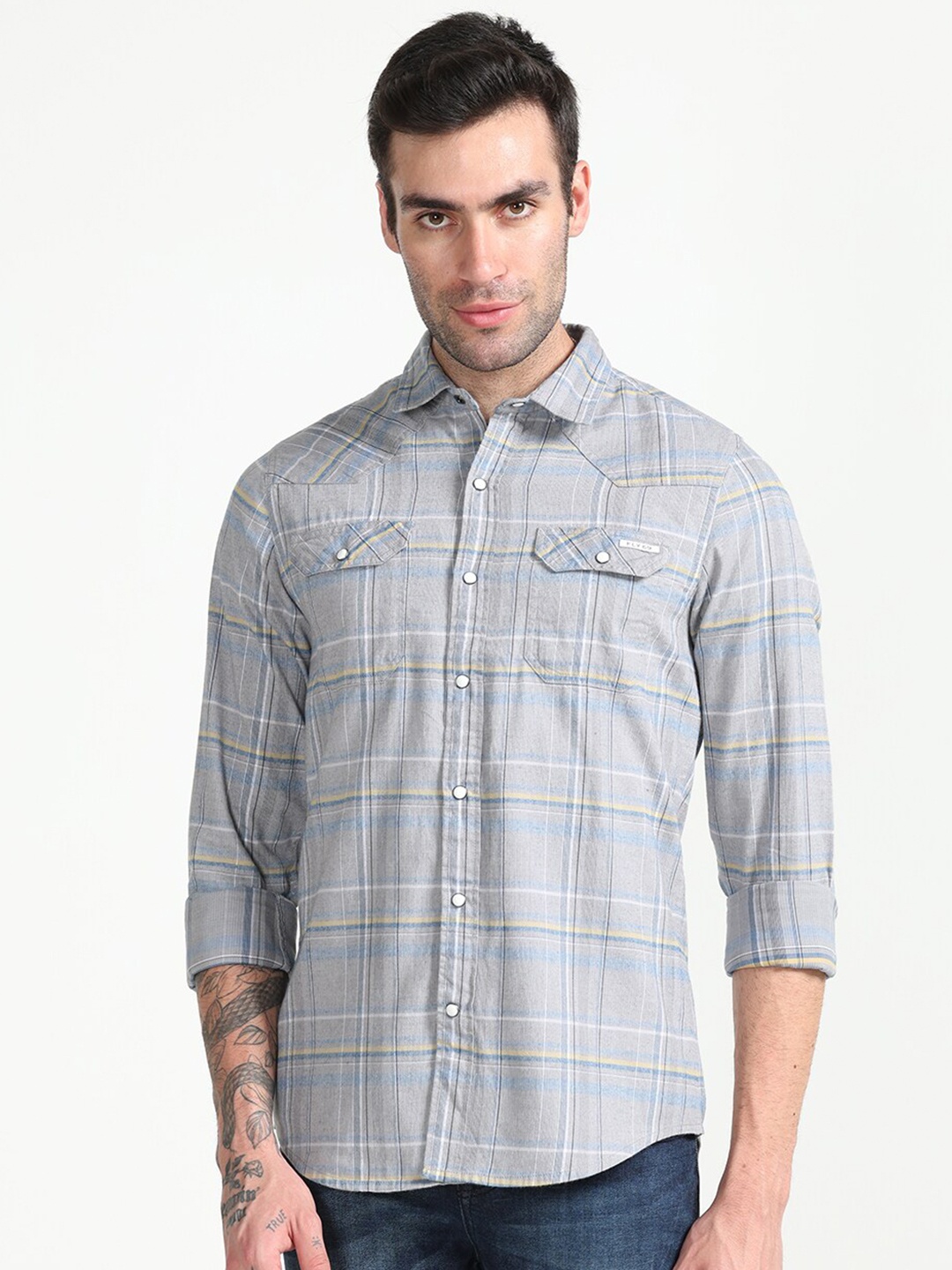 

FLY 69 Premium Slim Fit Tartan Checked Pure Cotton Casual Shirt, Grey
