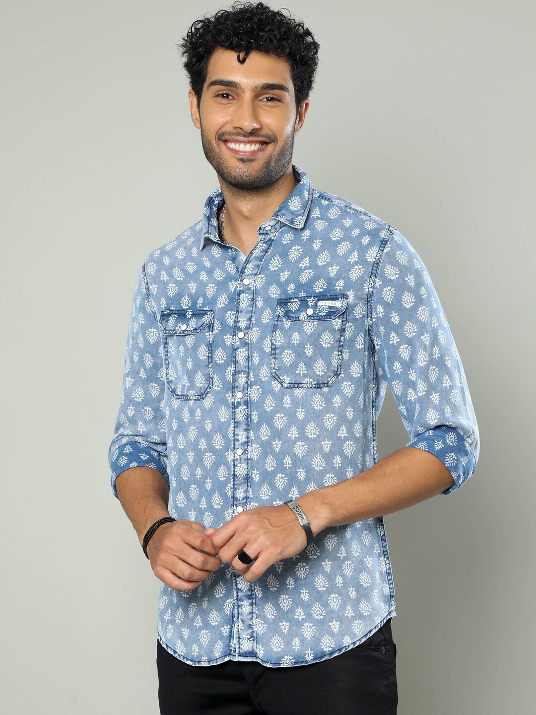 

FLY 69 Premium Slim Fit Floral Printed Denim Weave Casual Denim Shirt, Blue