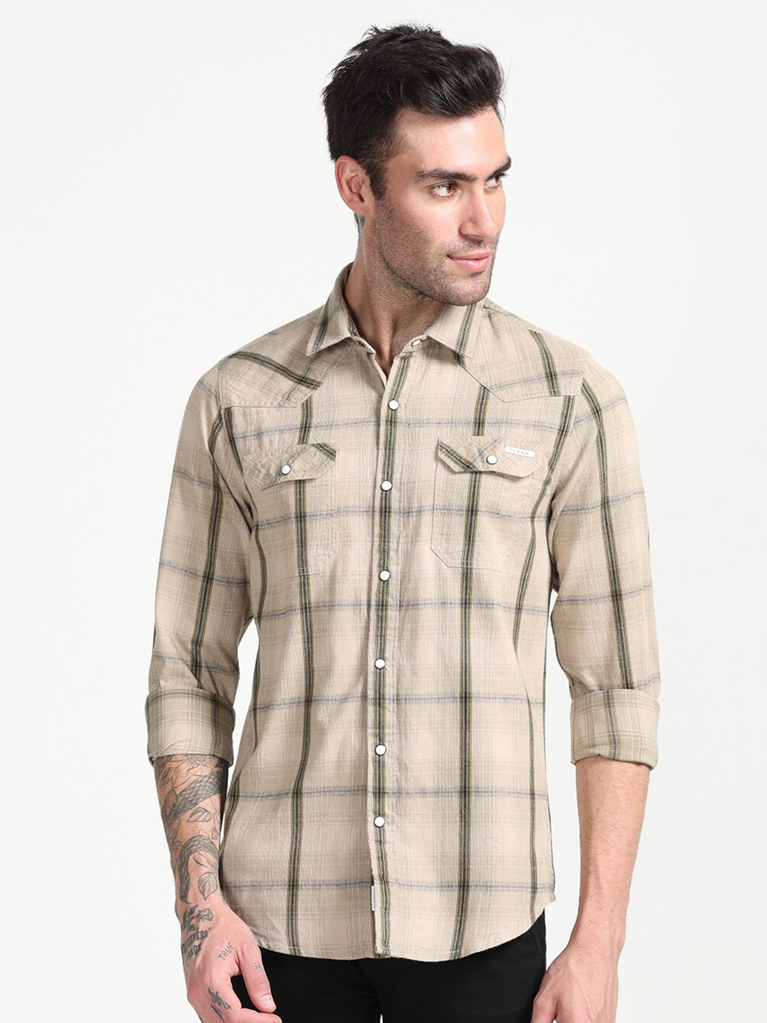 

FLY 69 Premium Slim Fit Tartan Checked Pure Cotton Casual Shirt, Tan