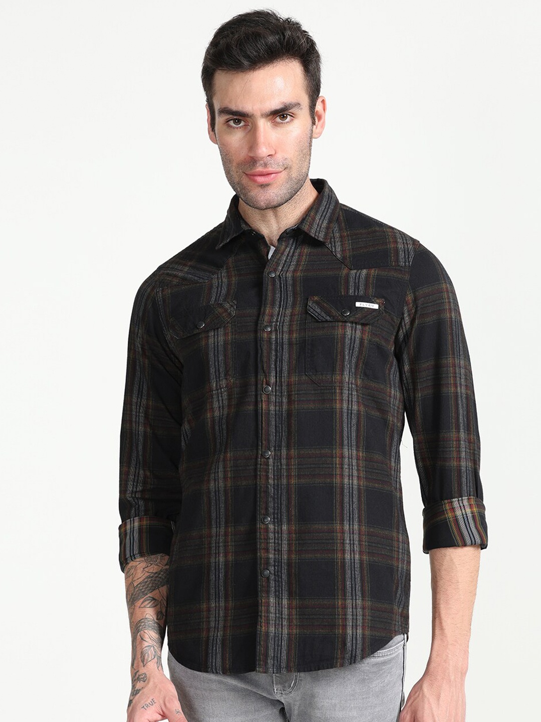 

FLY 69 Premium Slim Fit Tartan Checked Pure Cotton Casual Shirt, Black