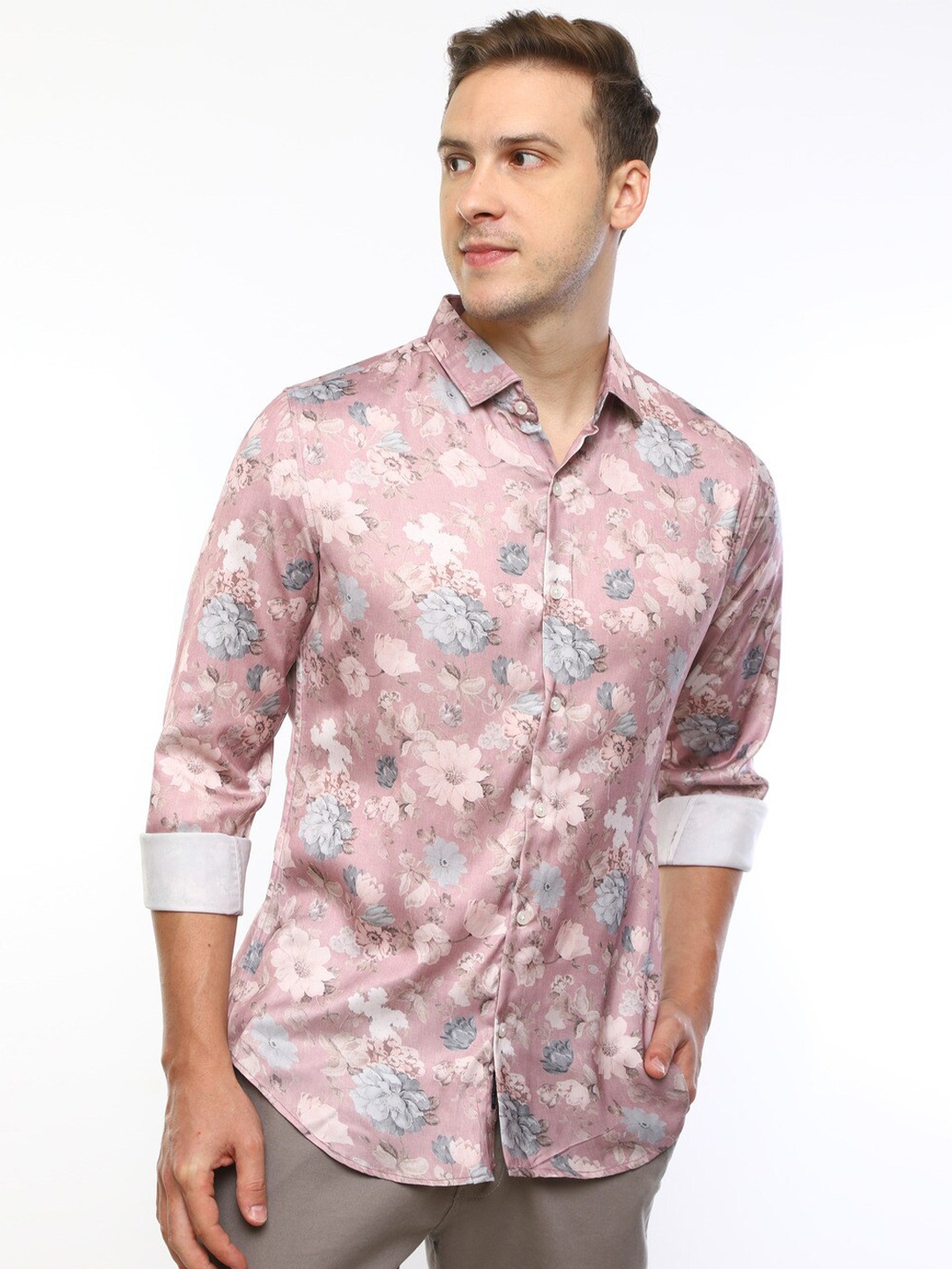 

FLY 69 Premium Slim Fit Floral Printed Pure Cotton Casual Shirt, Pink
