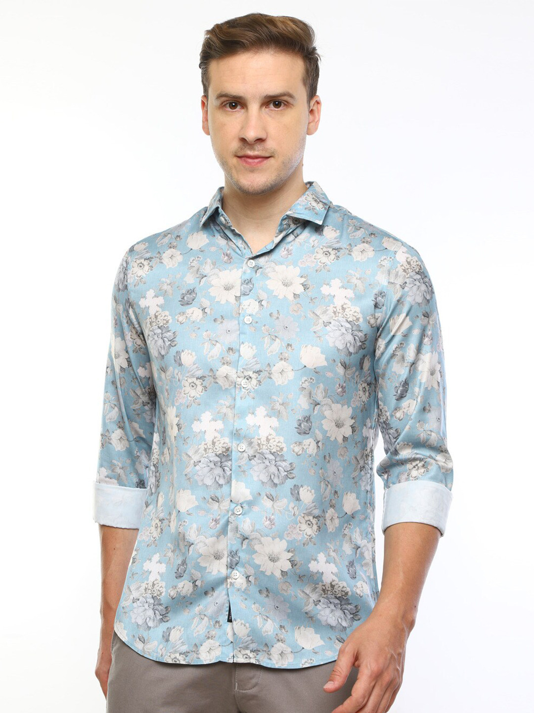 

FLY 69 Premium Slim Fit Floral Printed Pure Cotton Casual Shirt, Turquoise blue