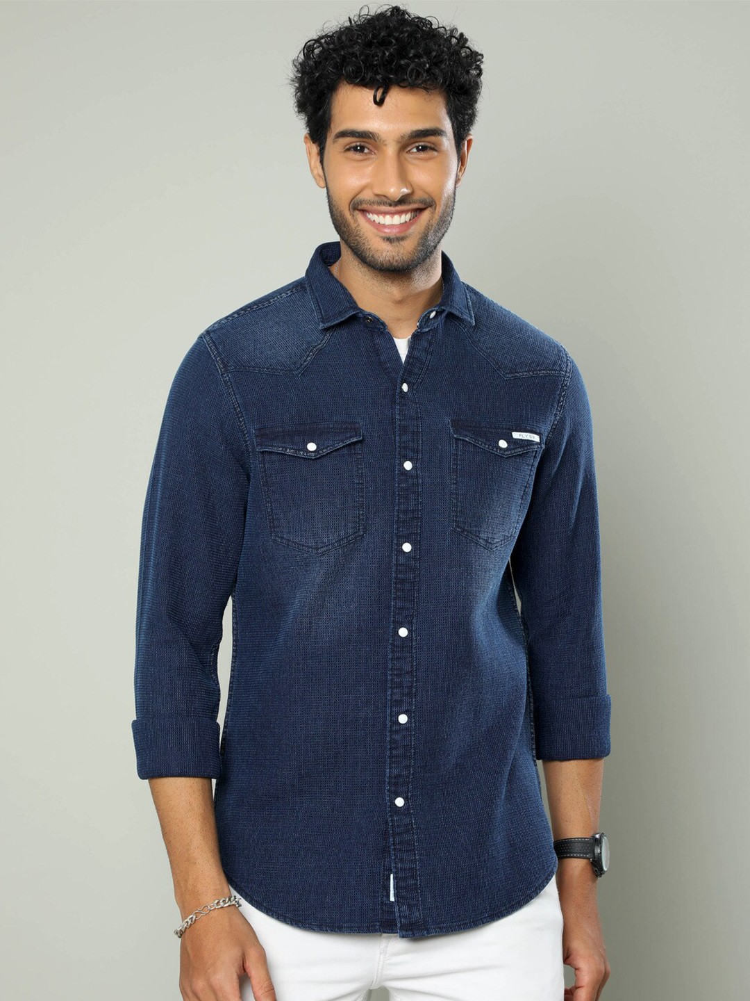 

FLY 69 Premium Slim Fit Faded Denim Weave Casual Denim Shirt, Blue
