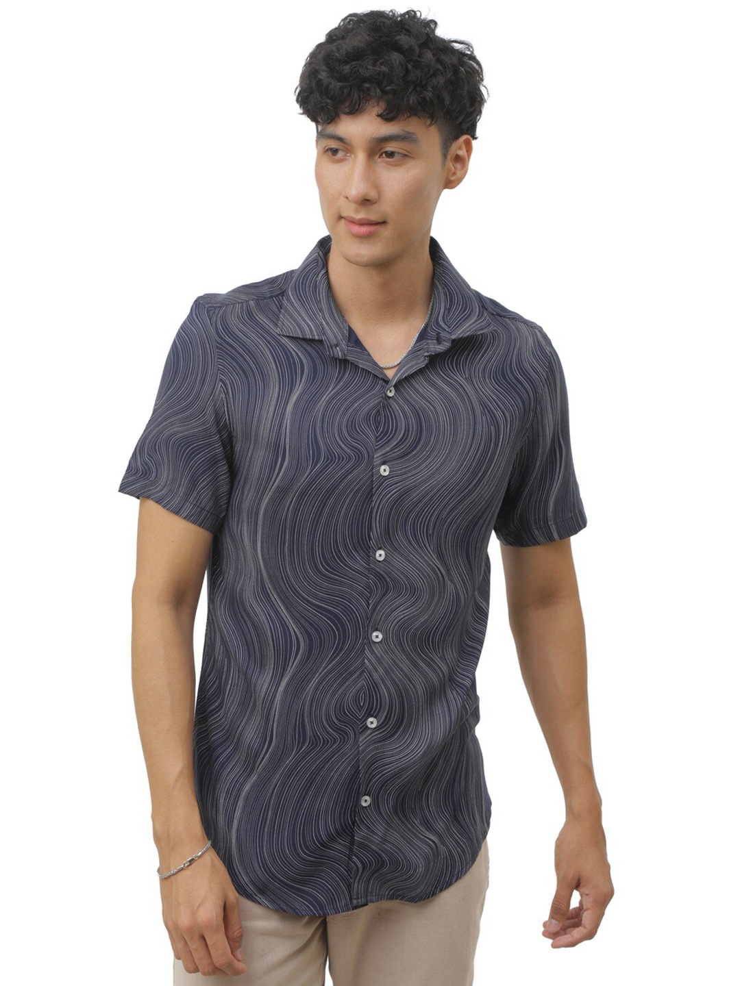 

FLY 69 Premium Slim Fit Abstract Printed Casual Shirt, Navy blue