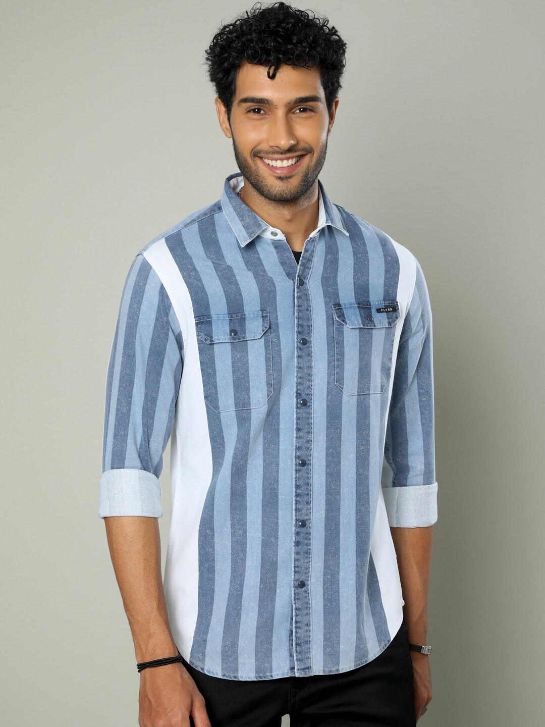 

FLY 69 Premium Slim Fit Striped Denim Casual Shirt, Blue