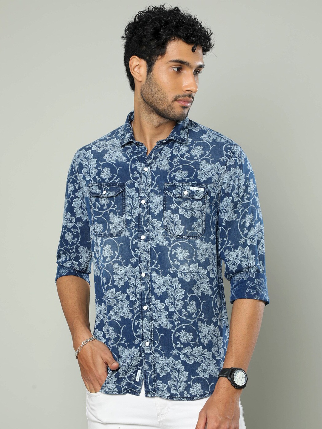 

FLY 69 Premium Slim Fit Floral Printed Pure Denim Casual Shirt, Blue