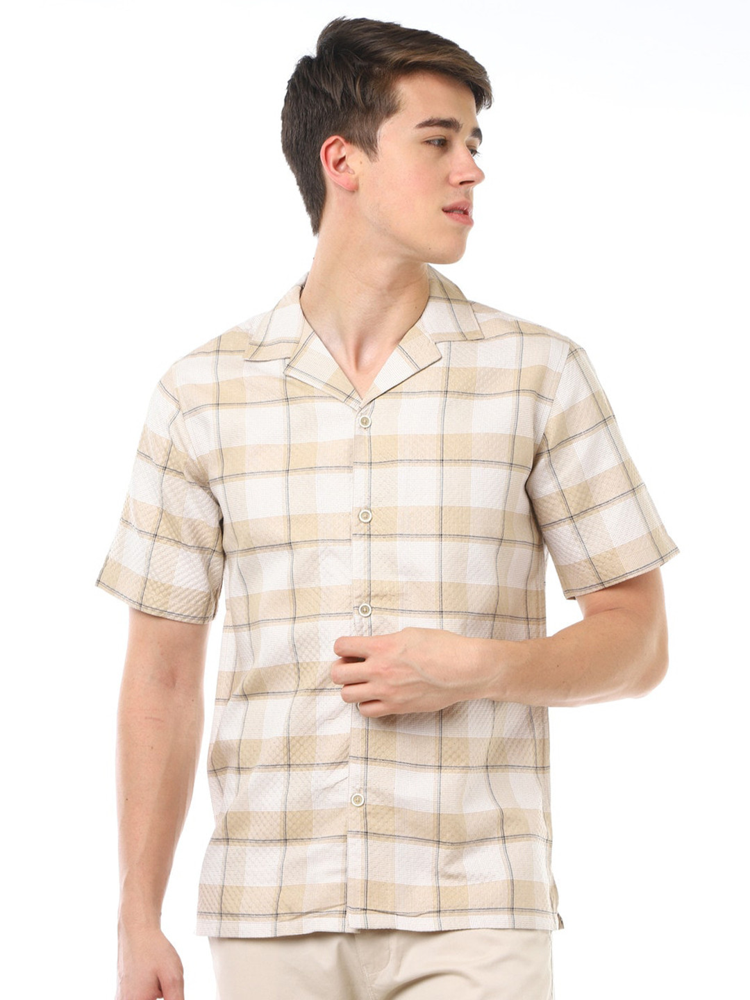 

FLY 69 Premium Checked Spread Collar Boxy Fit Cotton Casual Shirt, Camel brown