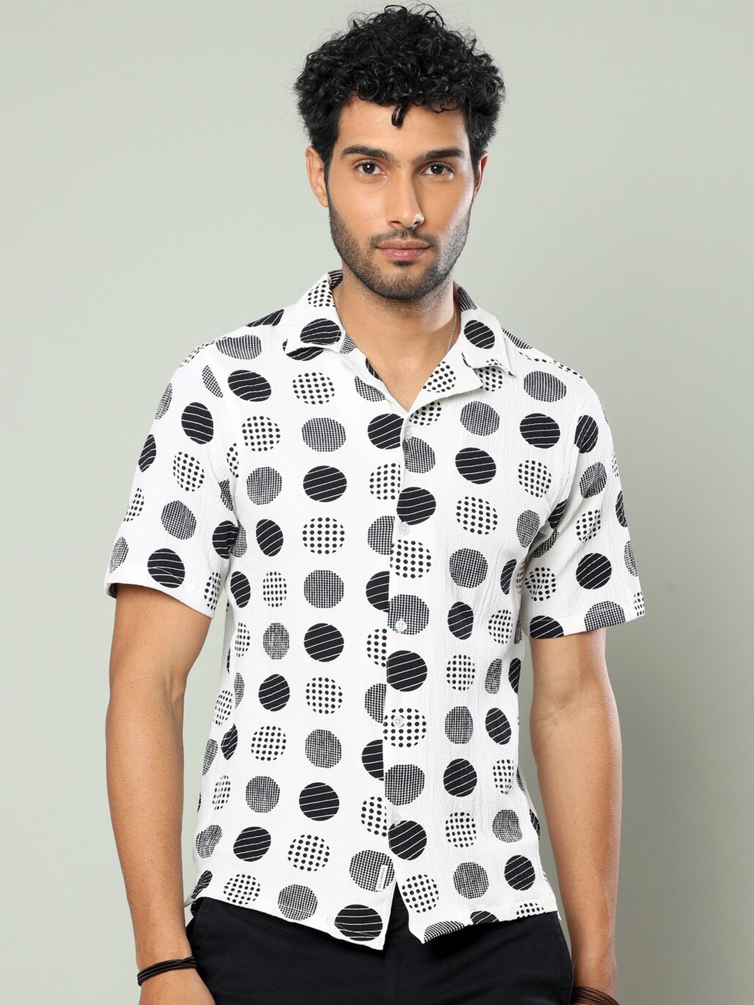 

FLY 69 Premium Boxy Geometric Printed Casual Shirt, White