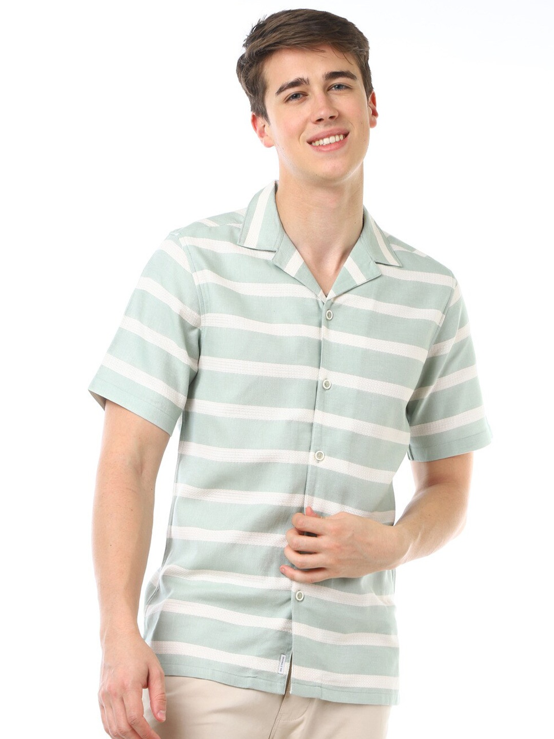 

FLY 69 Premium Boxy Horizontal Striped Pure Cotton Casual Shirt, Green