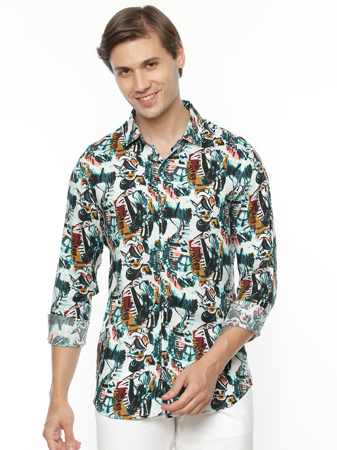 

FLY 69 Premium Slim Fit Abstract Printed Casual Shirt, Green